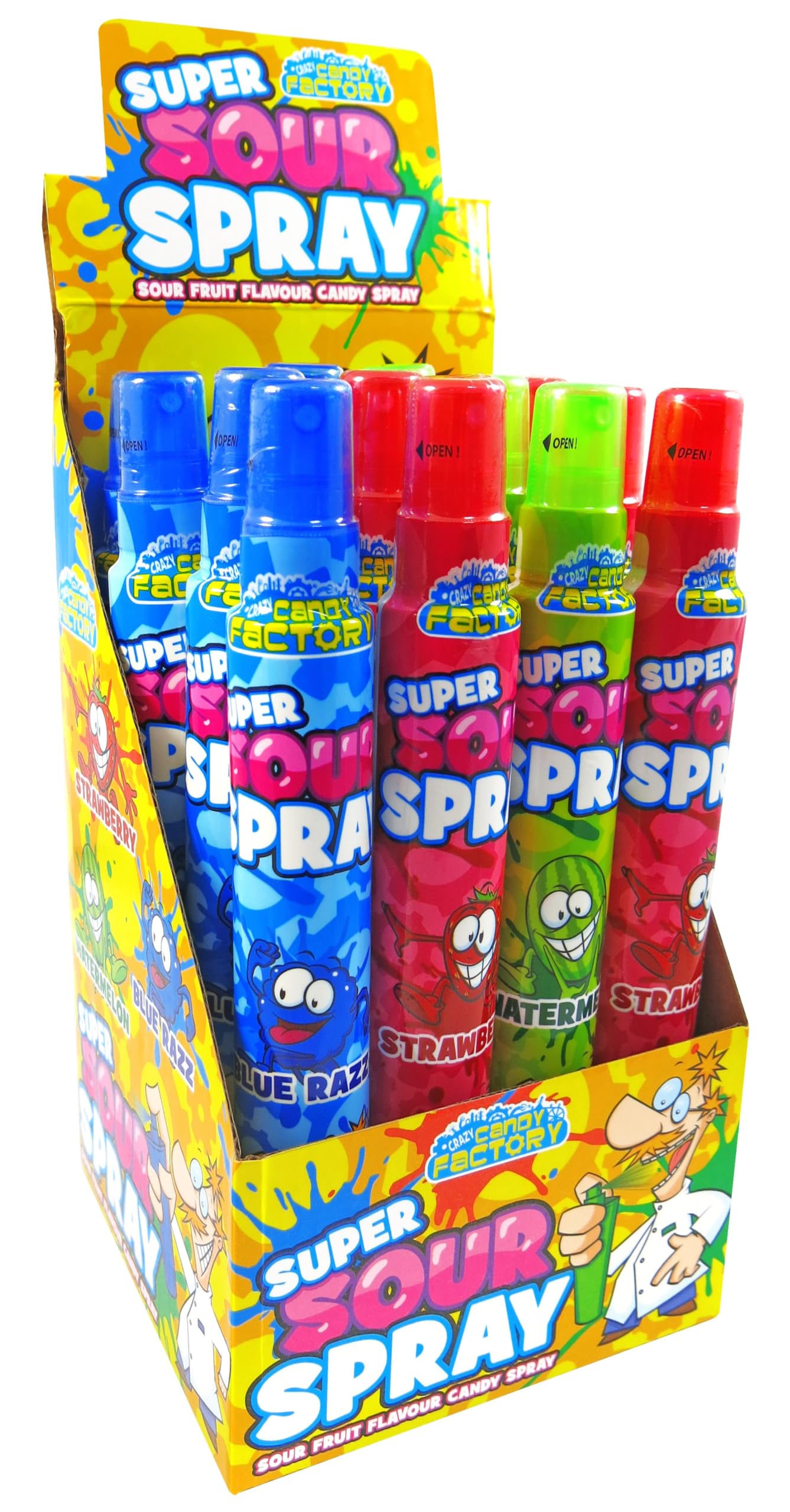 Crazy Candy Factory Super Sour Spray, 12 Bottles x 105ml Each, Blue Raspberry, Strawberry and Watermelon Flavors, Pack of 12
