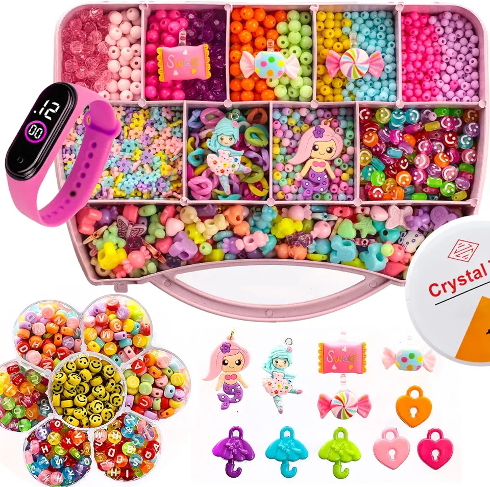 Kit Miçangas Infantil 3500 Pçs Para Montar Pulseiras Bolinhas Maleta 19x13 Cm 1 Relógio Digital Anita com maleta organizadora