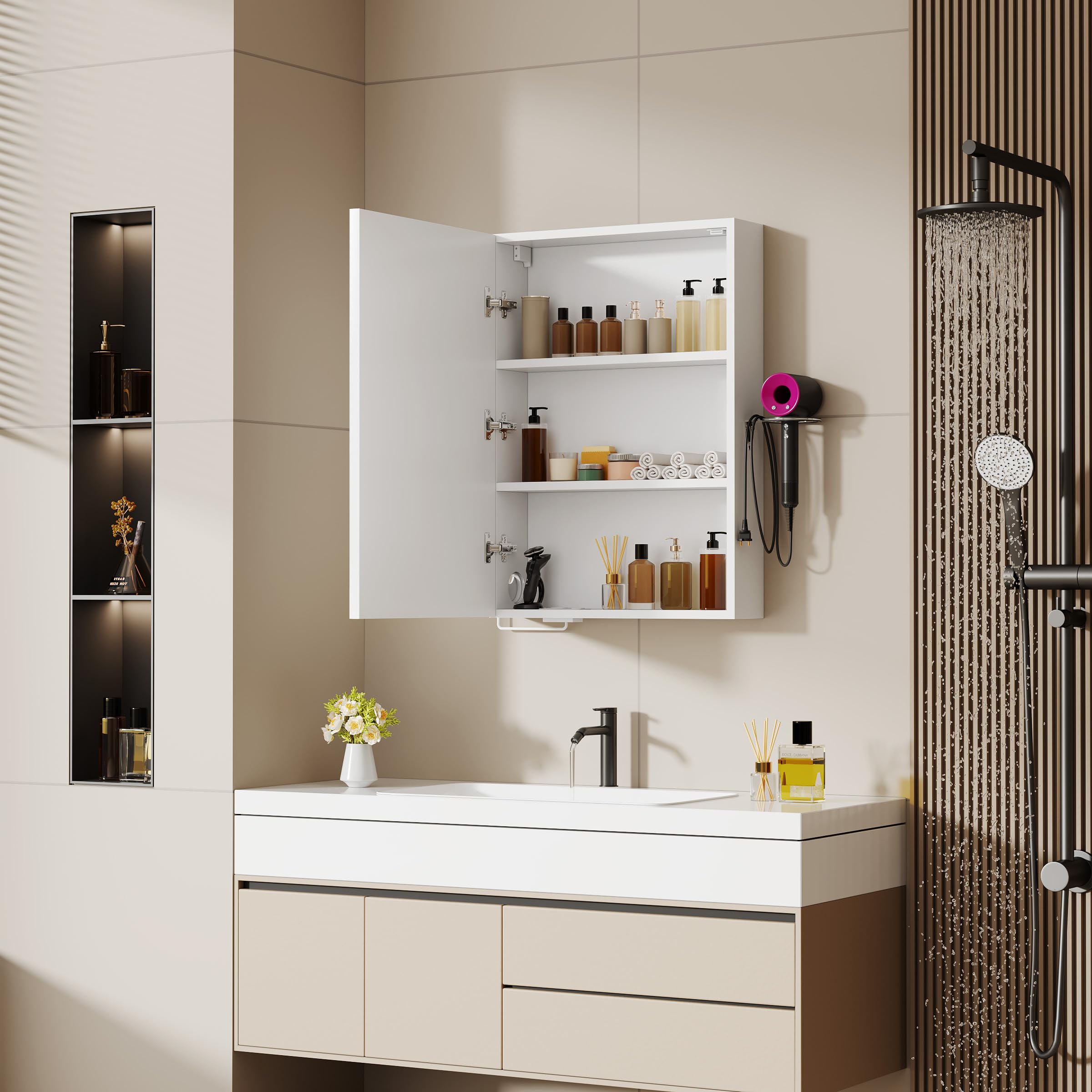 Armoire Murale Salle De Bain avec 3 Couleurs Miroir LED & 2 AC et 3 USB, Fonction DéShumidification et MéMoire,Meuble Salle De Bain Rangement avec éTagèRe RéGlable & Rangement (50x70x15cm, Blanc)