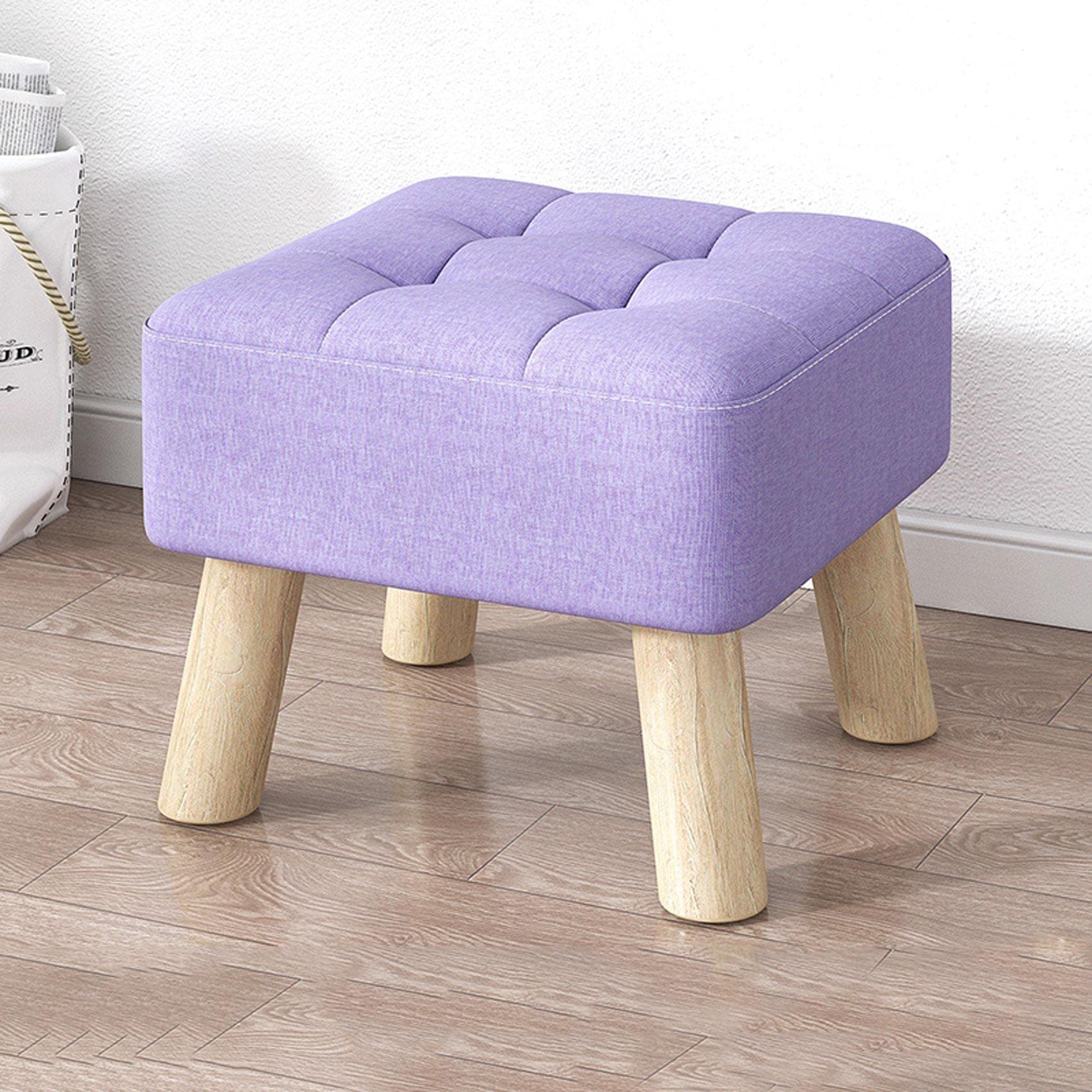 LMMIAOZ Linen Footstool with Wood Legs Purple for Living Room and Bedroom 30x30x34cm