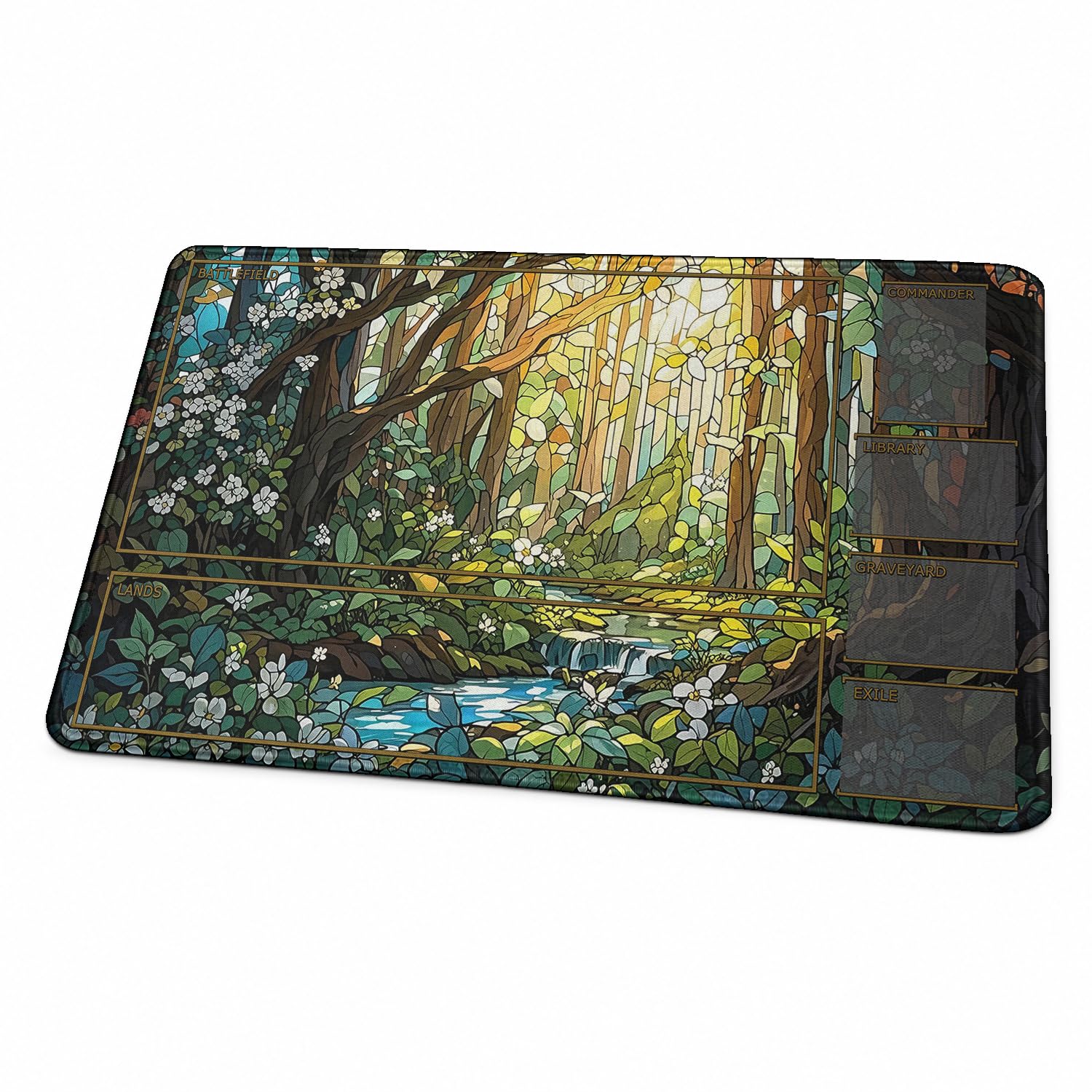 MTG Playmat, Fantasy Forest Landscape TCG Game Mat with Zones, 24 x 14 Inch HD Dense Fine Weave Surface, Non‑Slip Rubber Backing With Storage Bag for Card Games (Forest River With Zones)