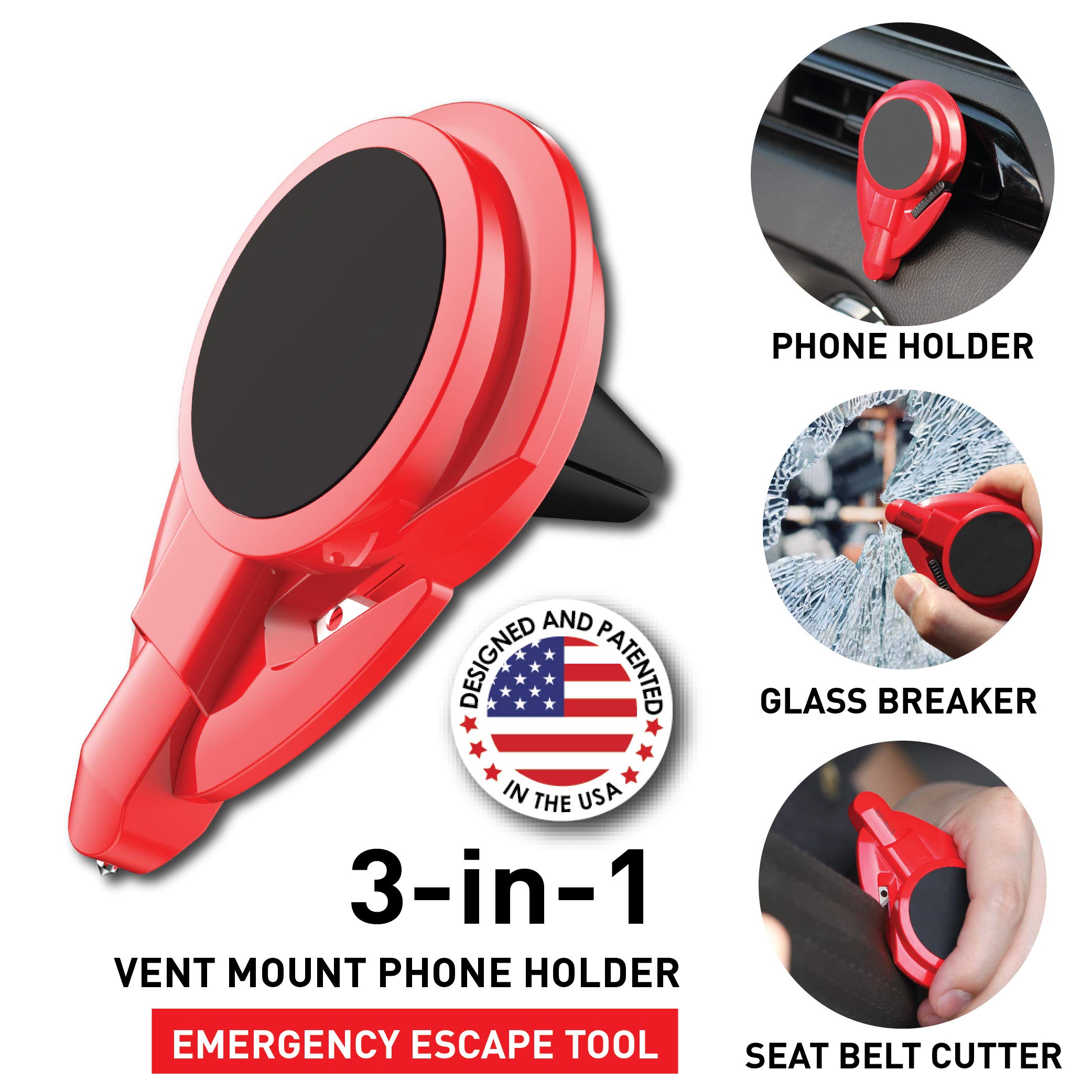 Ztylus Stinger Car Emergency Escape Tool: Multi function Life-Saving Rescue, Magnetic Vent Mount Phone Holder, Spring Loaded Window Breaker Punch, Seat belt Cutter, Designed in USA (1, Red)