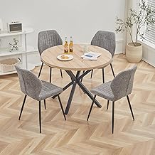Dining Table and Chairs Set, 100cm Round Dining Table and 4 Nordic Style Kitchen Chairs for Kitchen, Living Room, Dining Room, Office (Natural+ST-Grey)