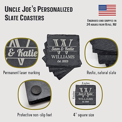 Miniatura 3 de Posavasos de pizarra grabados personalizados cuadrados de 4 pulgadas juego de 4 ideal para regalos personalizados bodas parejas aniversarios