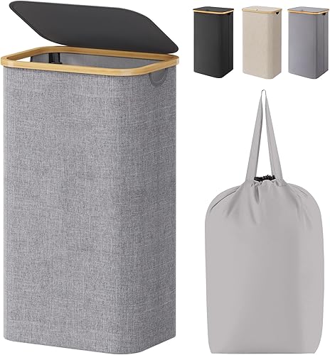 Miniatura 82 de Lifewit Cesta grande de 100 litros con tapa para ropa con asas de bambú y bolsa extraíble, plegable para dormitorio, baño, residencia universitaria