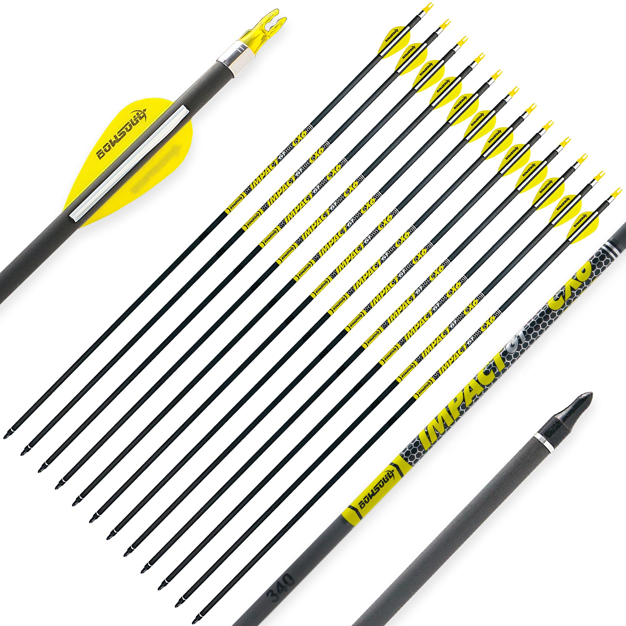 BOWSOUL Carbon Arrows 12pk 100% Pure Carbon Hunting Arrows Target Practice Arrows with Removable Tips for Compound Bow & Recurve Bow (SP400, 30inch)