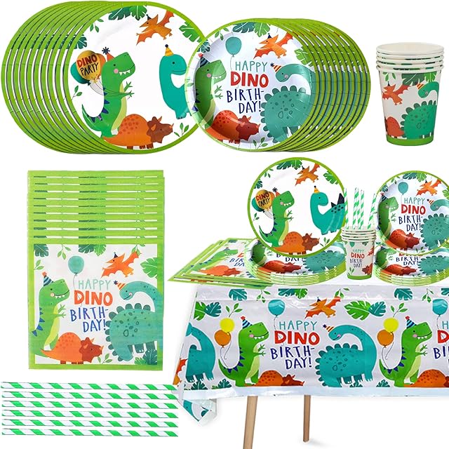 Dinozaur zestaw zastaw stołowych, 10 gości, dino, zastawa stołowa, obejmująca talerze papierowe, kubki, słomy, ręczniki, Obrus, na wesela Baby Shower dla dzieci przyjęcie urodzinowe