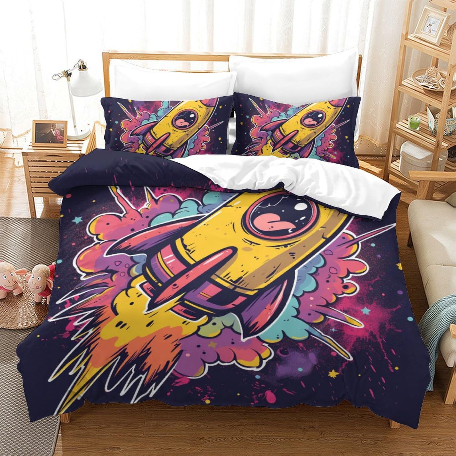 Housse de couette fusée avec zip pour un lit enfant 200x200cm facile à border