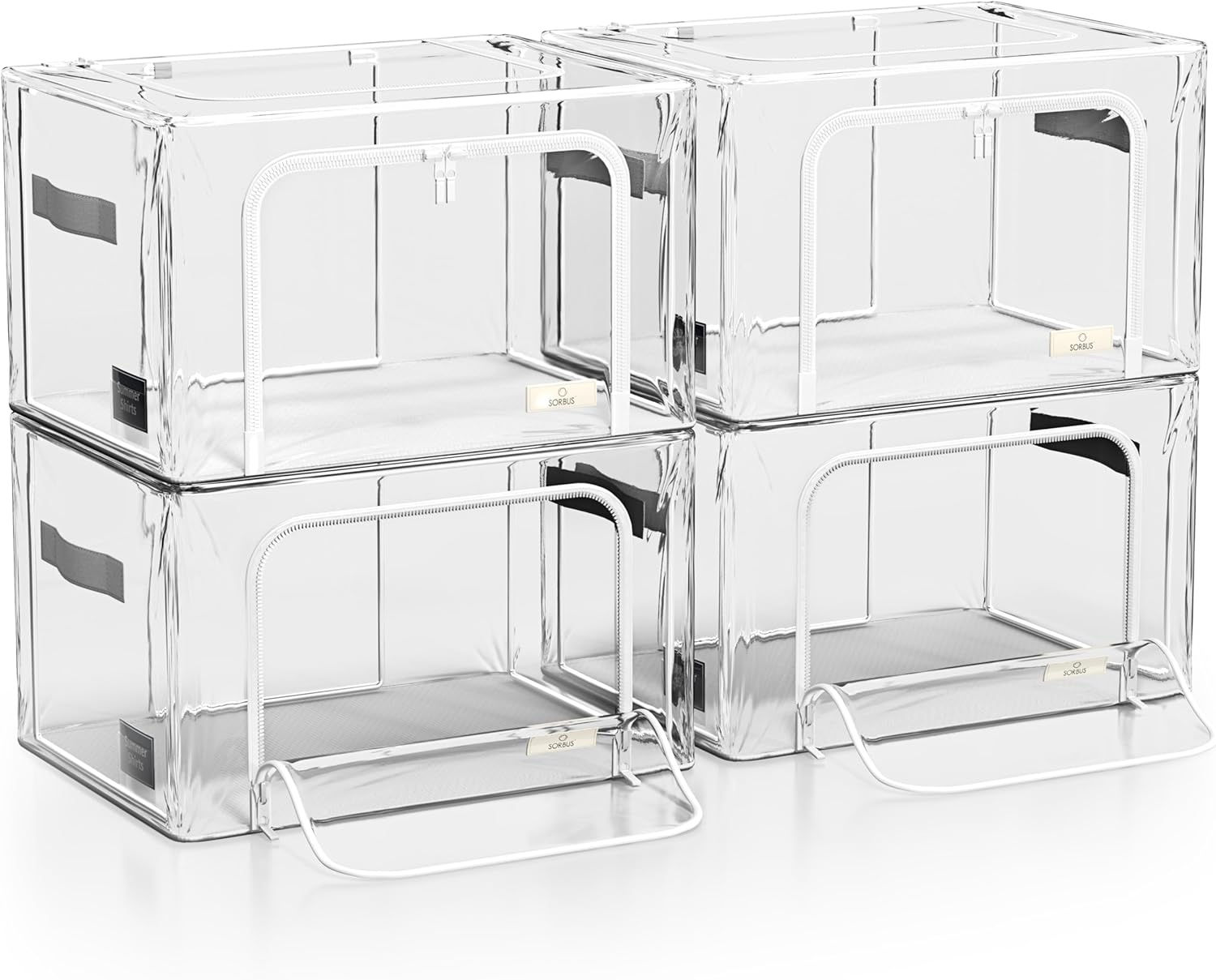 Sorbus Storage Bins with Metal Frame - Stackable & Foldable Clothes Organizer Bags - Clear Soft Plastic Storage Containers (4 Pack, Large)