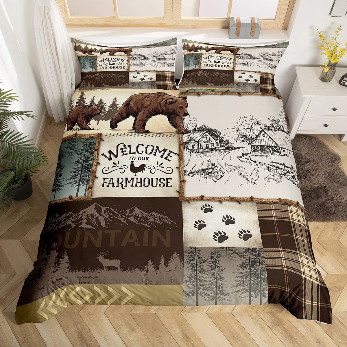 Rustic Farmhouse Bedding Sets Double,Woodland Wildlife Bear Comforter Cover for Kids Boys Men Teens,Adventure Camping Cabin Lodge Quilt Cover,Patchwork Brown Buffalo Plaid Duvet Cover 3 Pieces — image 1