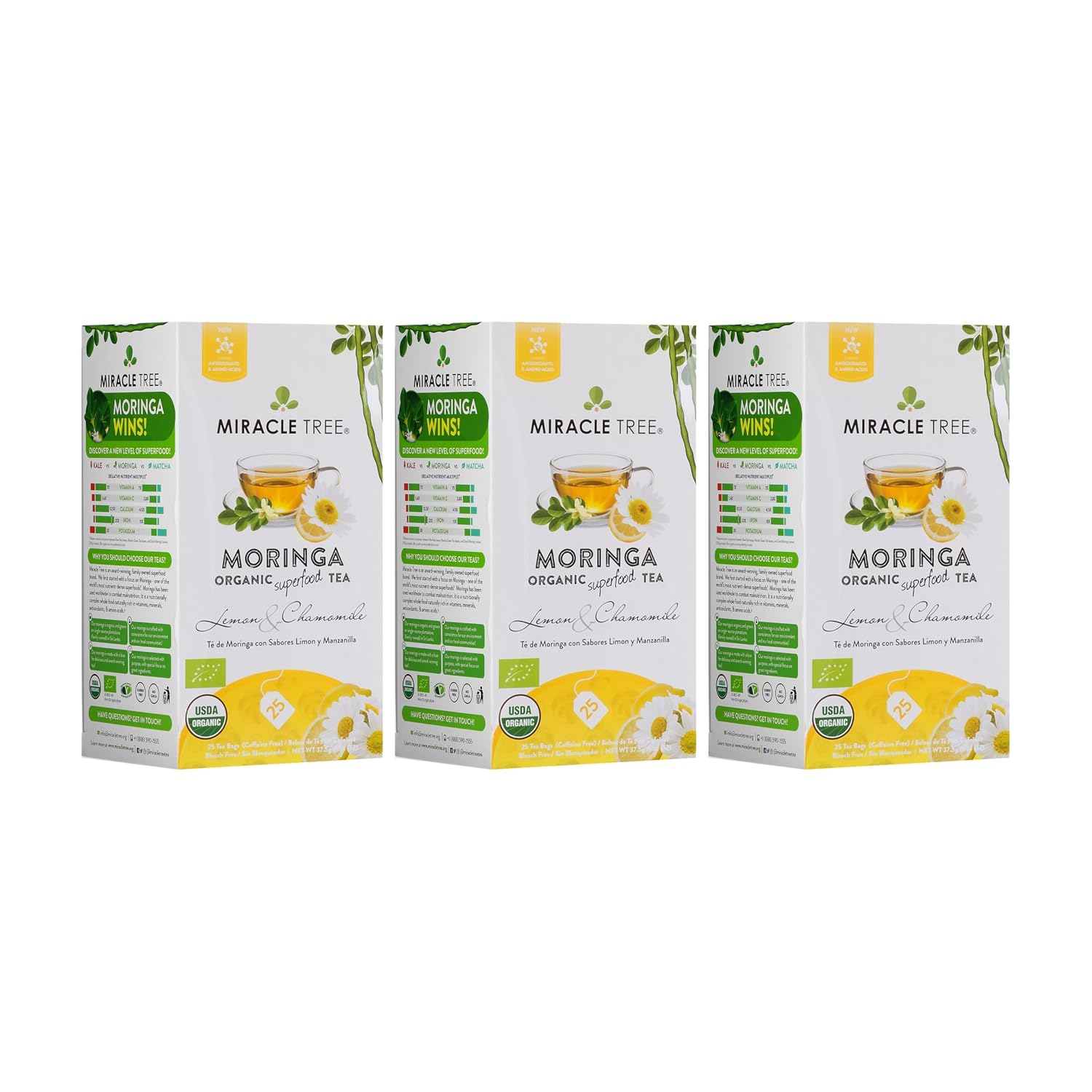 Miracle Tree Organic Moringa Tea, Lemon Chamomile, 3 x 25 Bags