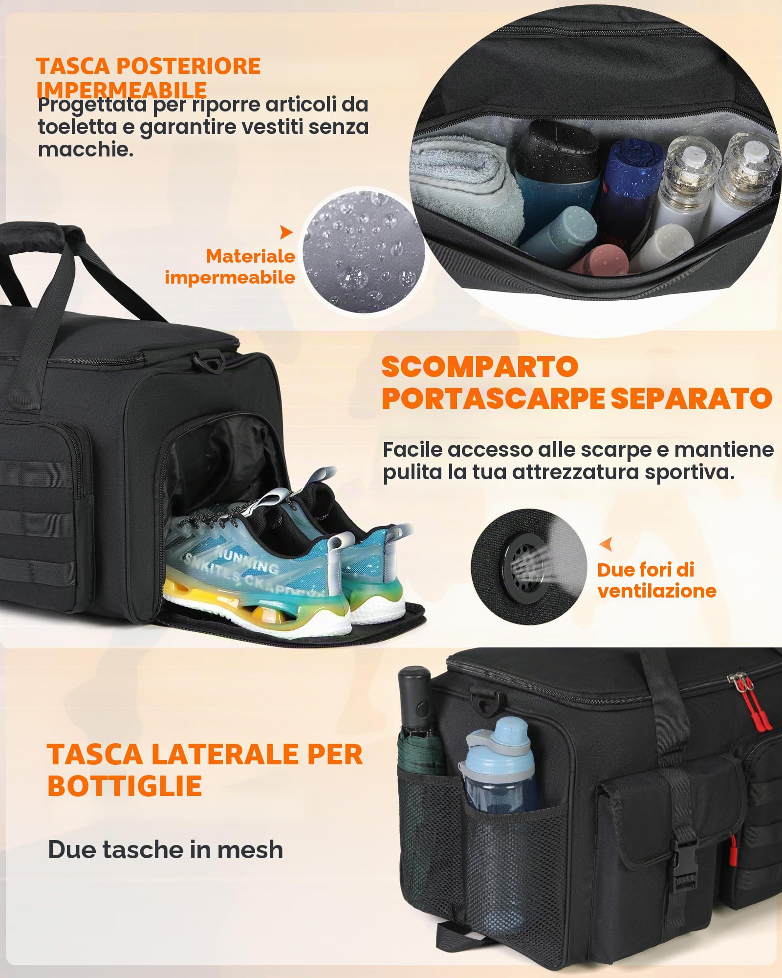 RAINSMORE 3 in 1 Borsone Palestra Uomo Donne Borsa Sportiva 45L Borsone Da Viaggio Grande Bagaglio a Mano con Scomparto Scarpe e Laptop Funzione Zaino