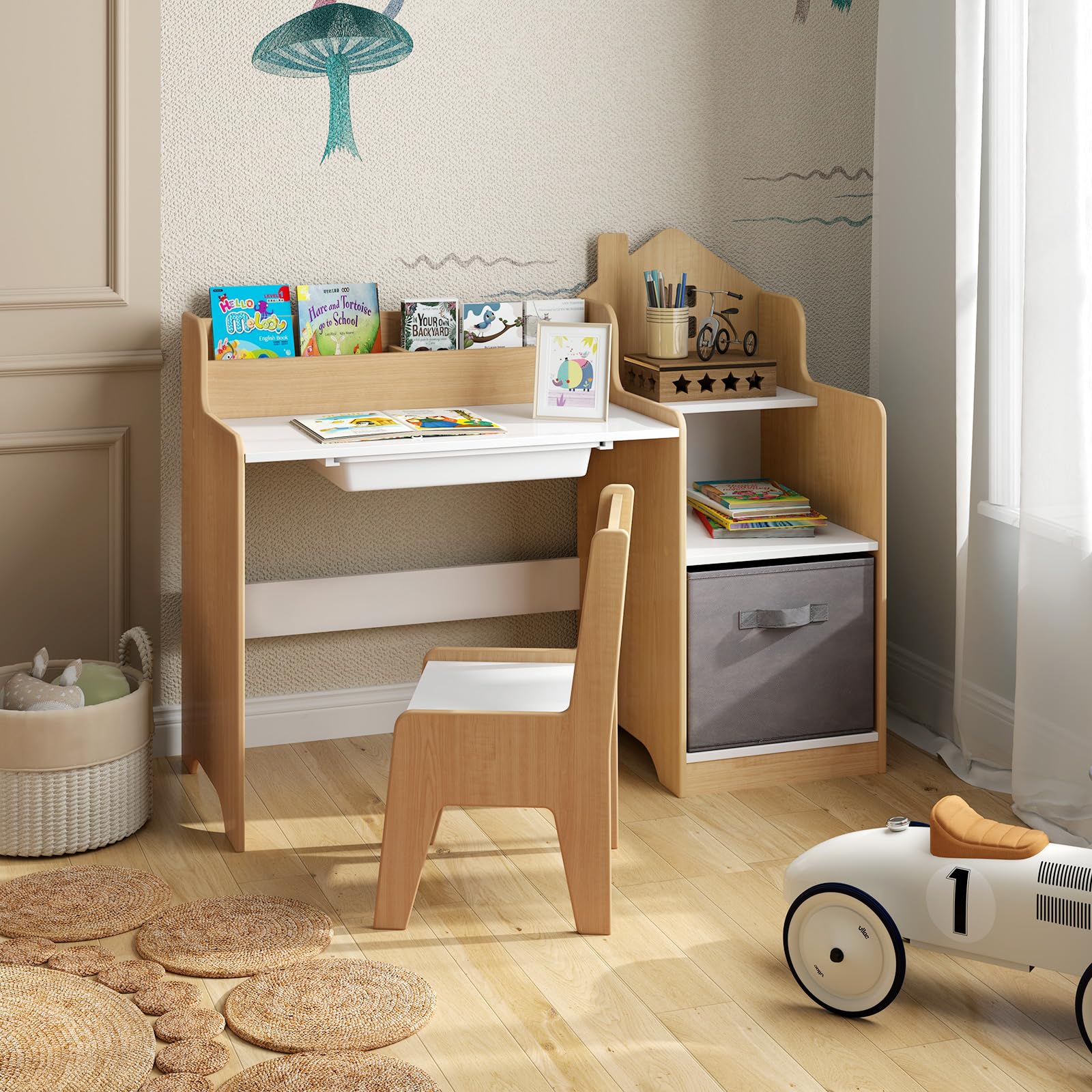 COSTWAY Set Scrivania e Sedia per Bambini 3-12 Anni, Tavolo e Sedia in Legno Salvaspazio con Cassetto in Plastica e Cassetto in Tessuto, Banco Scuola e Seggiola per Cameretta (Naturale)