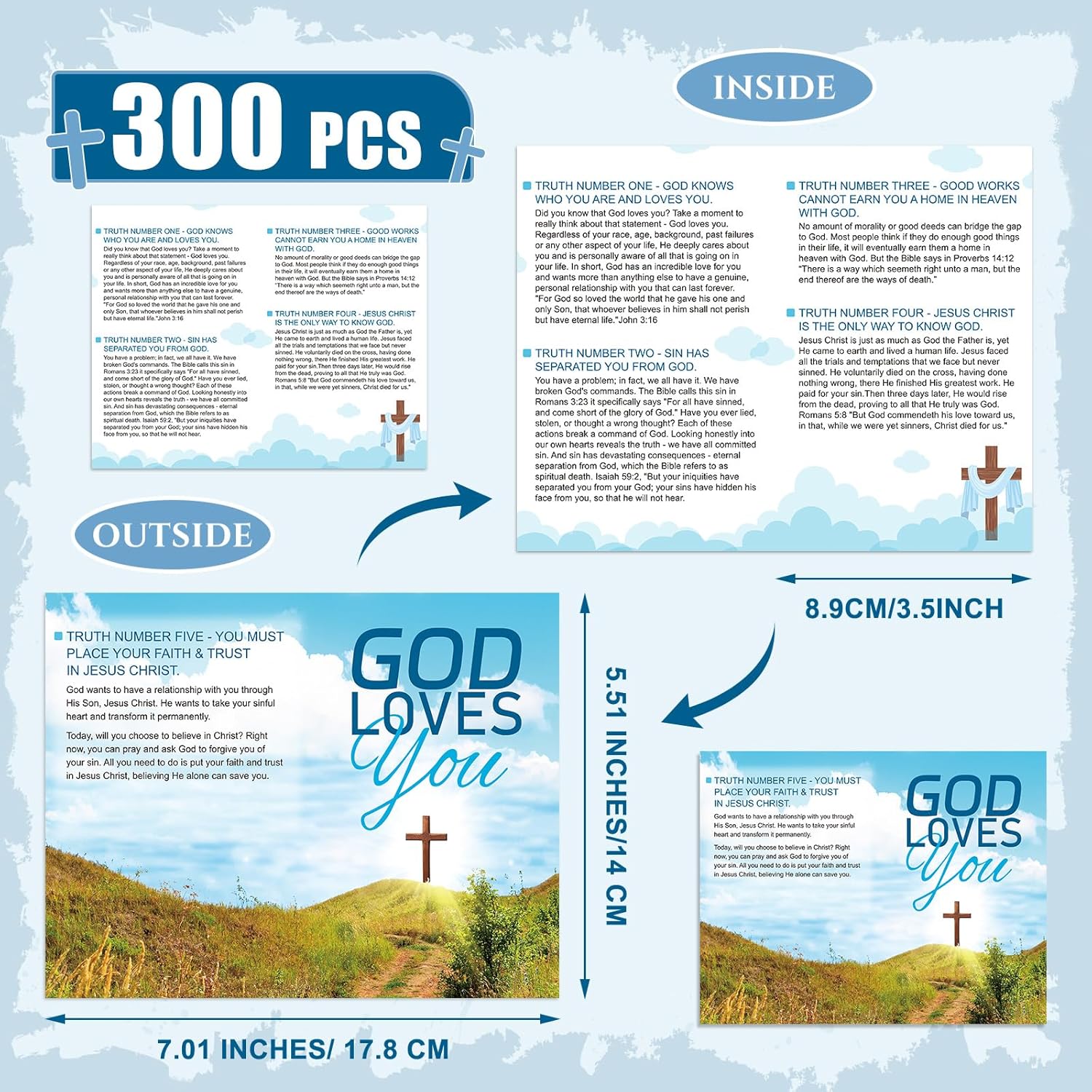 Dunzoom 300 Pcs Gospel Tract Card Salvation Plan Cards Bible Tracts 7 x 5.5 Inch Christian Inspirational Bible Verses Greeting Men Women Church Supplies(God Loves You)