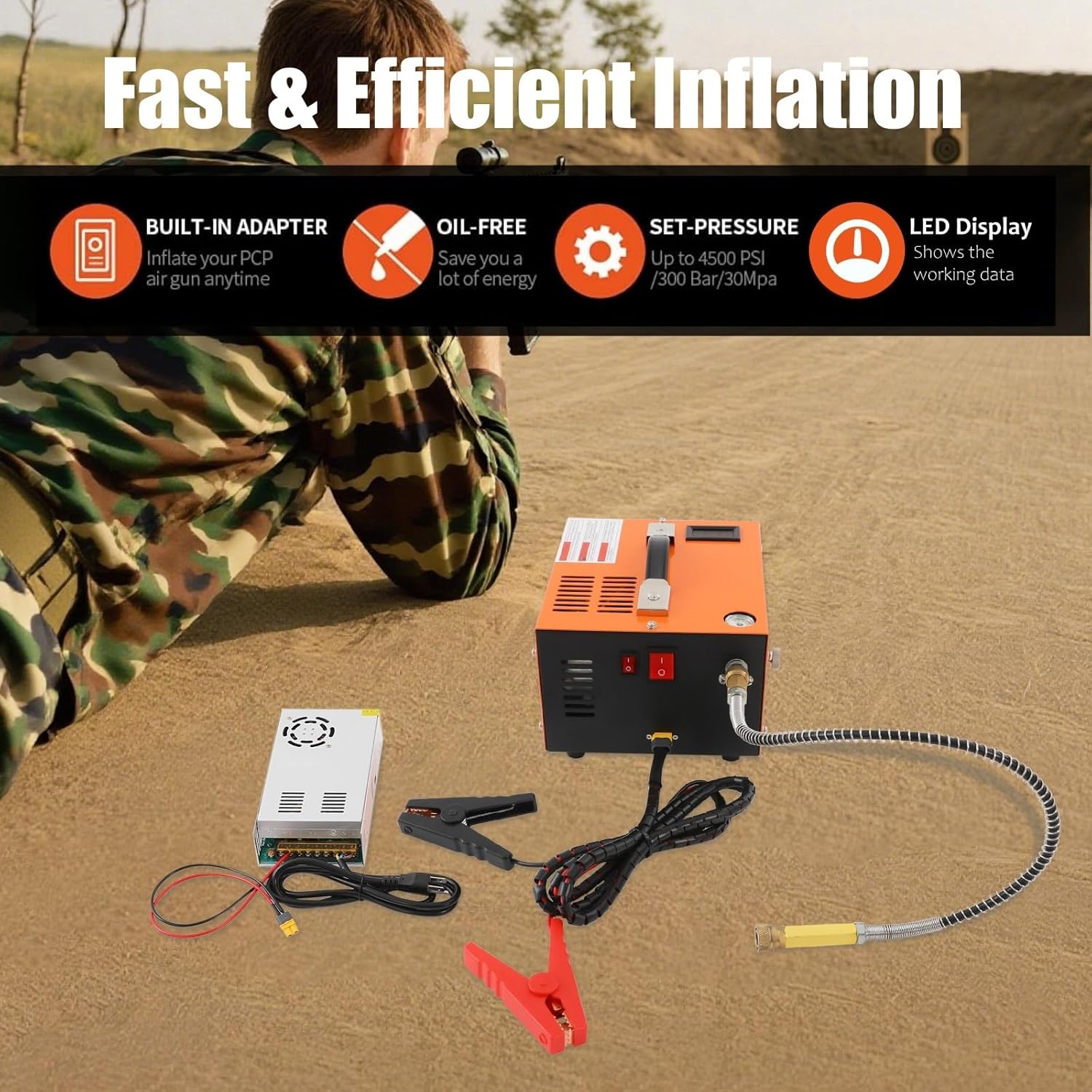 110V PCP Air Compressor, Portable 4500Psi/30Mpa, with Built-in Fan& Water/Oil-Free& One Button Start, with Adapter HPA Compressor for Paintball/PCP Rifle/Mini Scuba Tank