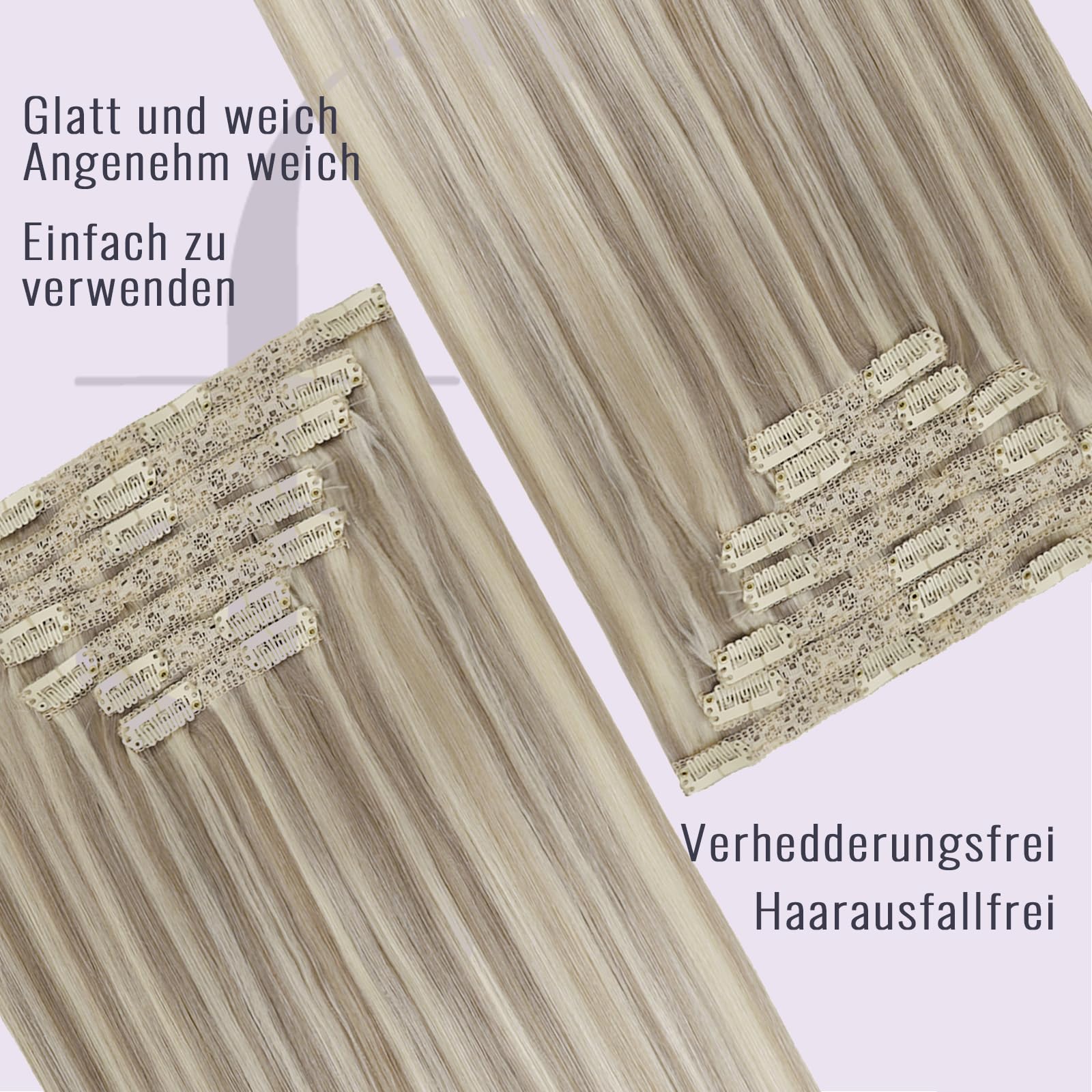 Echthaar Extensions Clip, Aschblond mit Platinblonden Strähnen, 45 cm, 120 g 7 Stücke, Unsichtbares Design, Clip Extensions Echthaar, Farbe 18P613