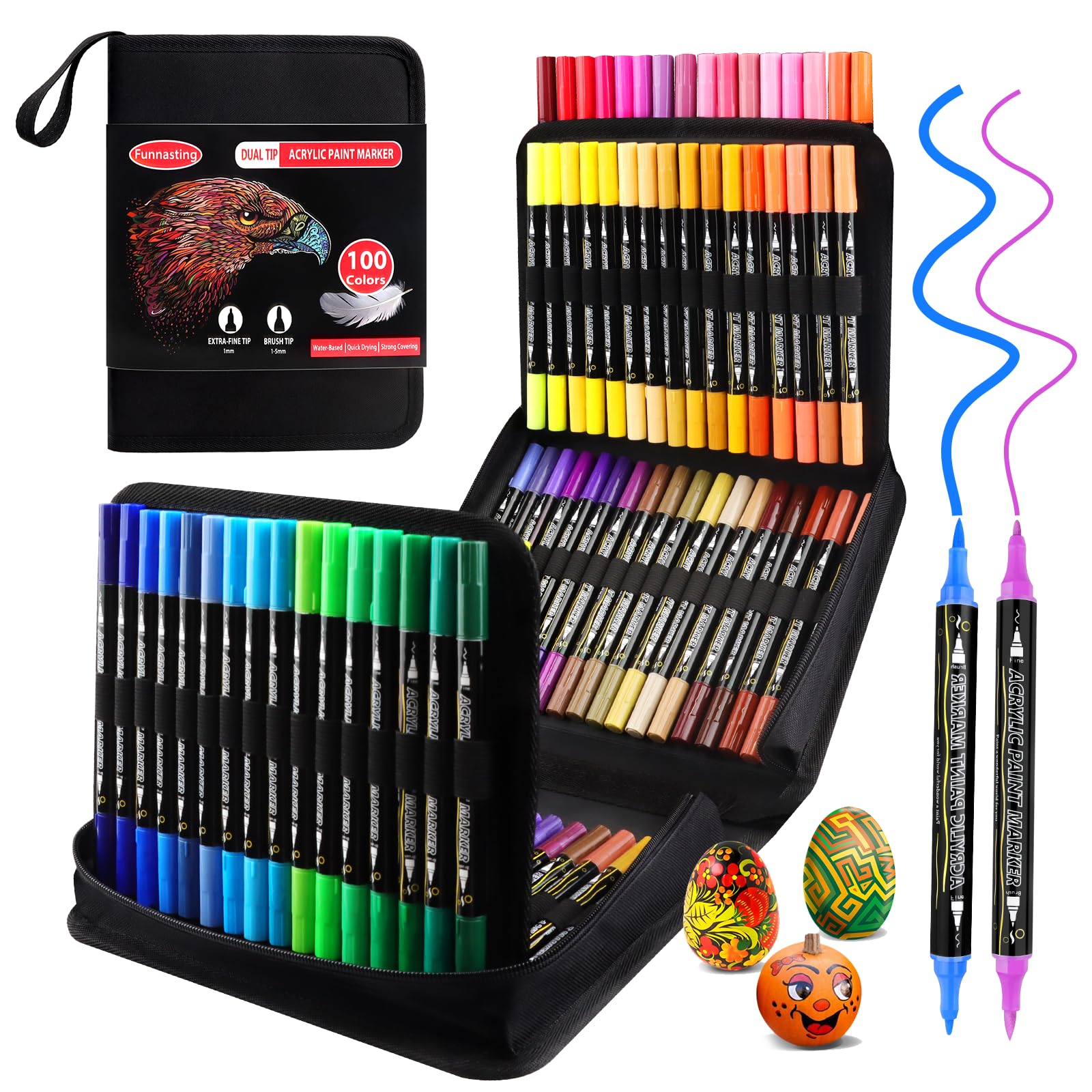 Funnasting rotuladores acrilicos, 100 colores punta dual marcadores acrílicos, rotuladores pincel contiene 12 colores metálicos para pintar rocas, madera, lienzo, piedra, superficies cerámicas