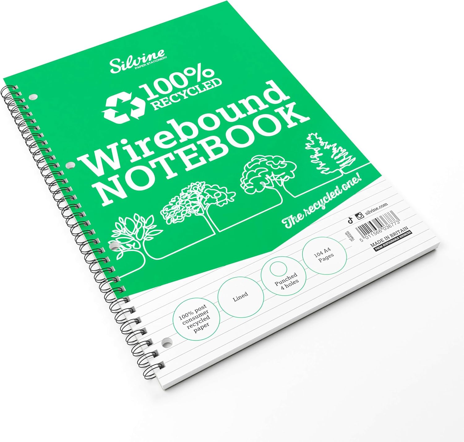 Silvine A4 Everyday Recycled Wirebound Notebook - Ruled Feint, 104 Pages of 100% Recycled Paper. Ref TWRE80