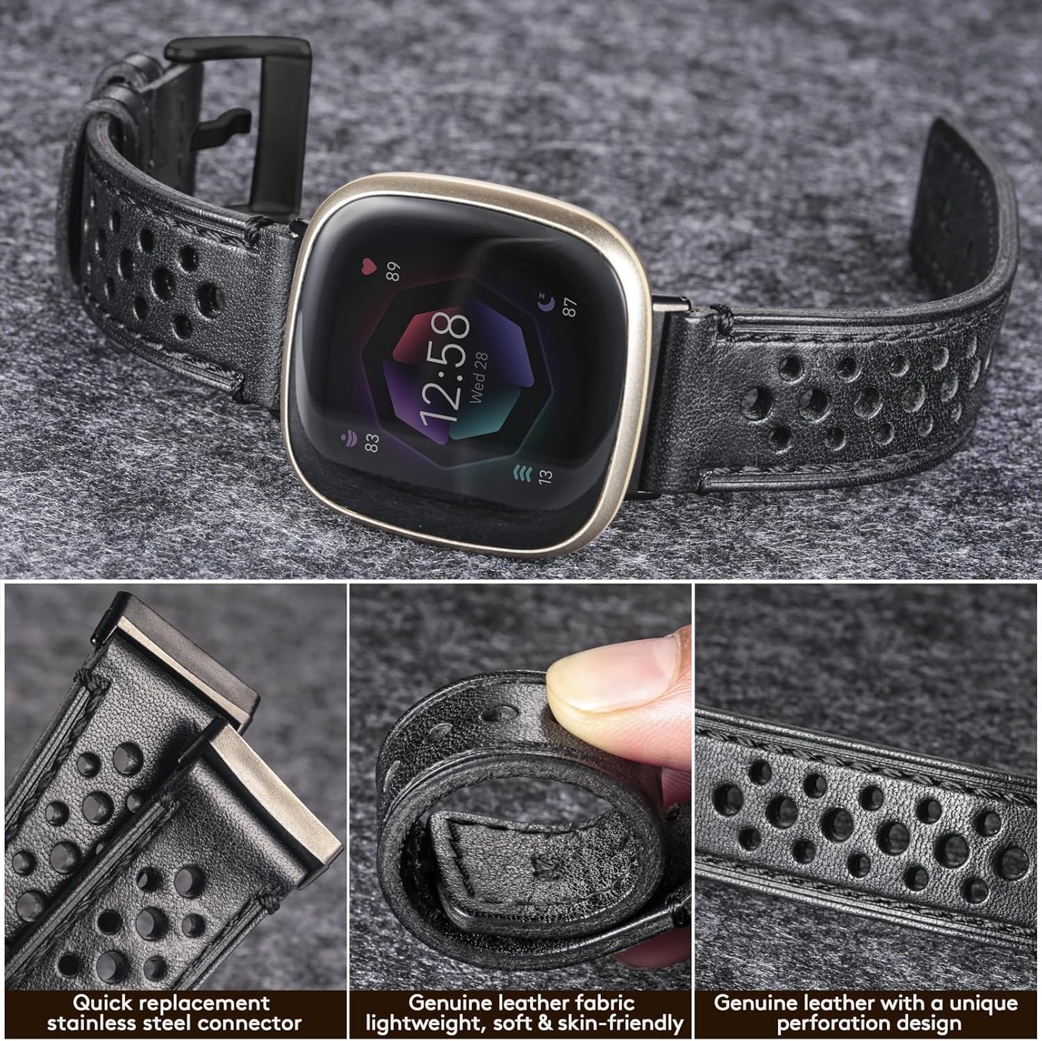 HEMSUT Genuine Perforated Leather Watch Band Compatible with Fitbit Versa 3 / Versa 4 / Sense/Sense 2 - Stainless Steel Buckles -Military Tactical Style Replacement Wristband