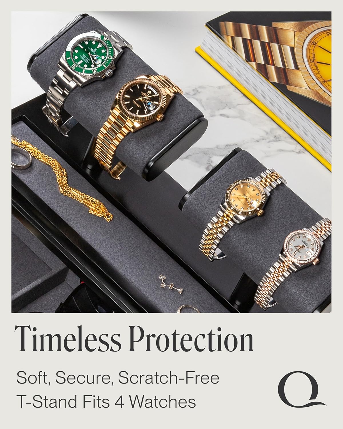 QWATCH Watch Stand Display Case - Acrylic Watch Box for 2 or 4 Watches with Jewelry Valet Tray and Drawer