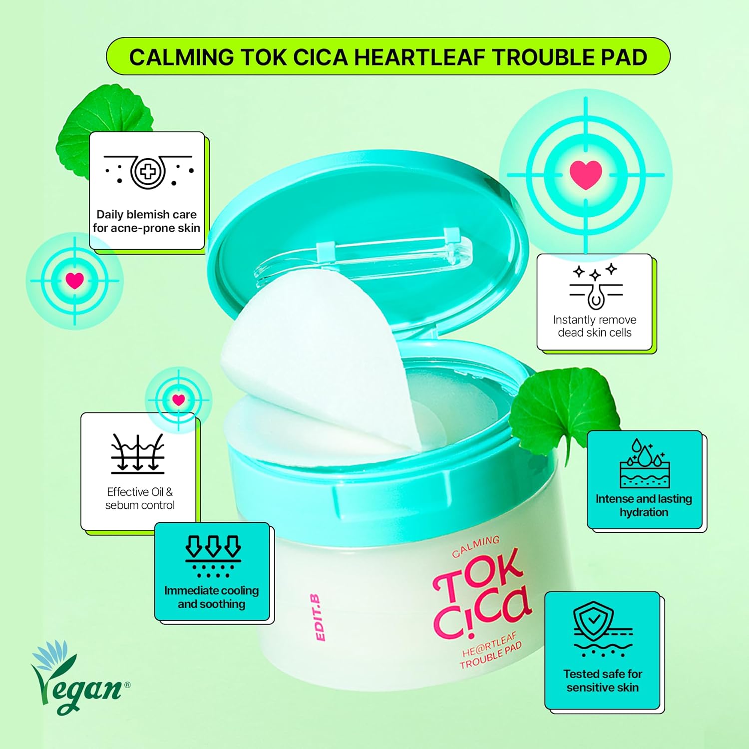 Calming Tok Cica Heartleaf Trouble Pads, Cooling & Hydrating Facial Toner Pads for Sensitive Skin, Mild Exfoliating & Soothing, Easy-Split for Multi-Use, Daily Korean Skin Care (70 Sheets)