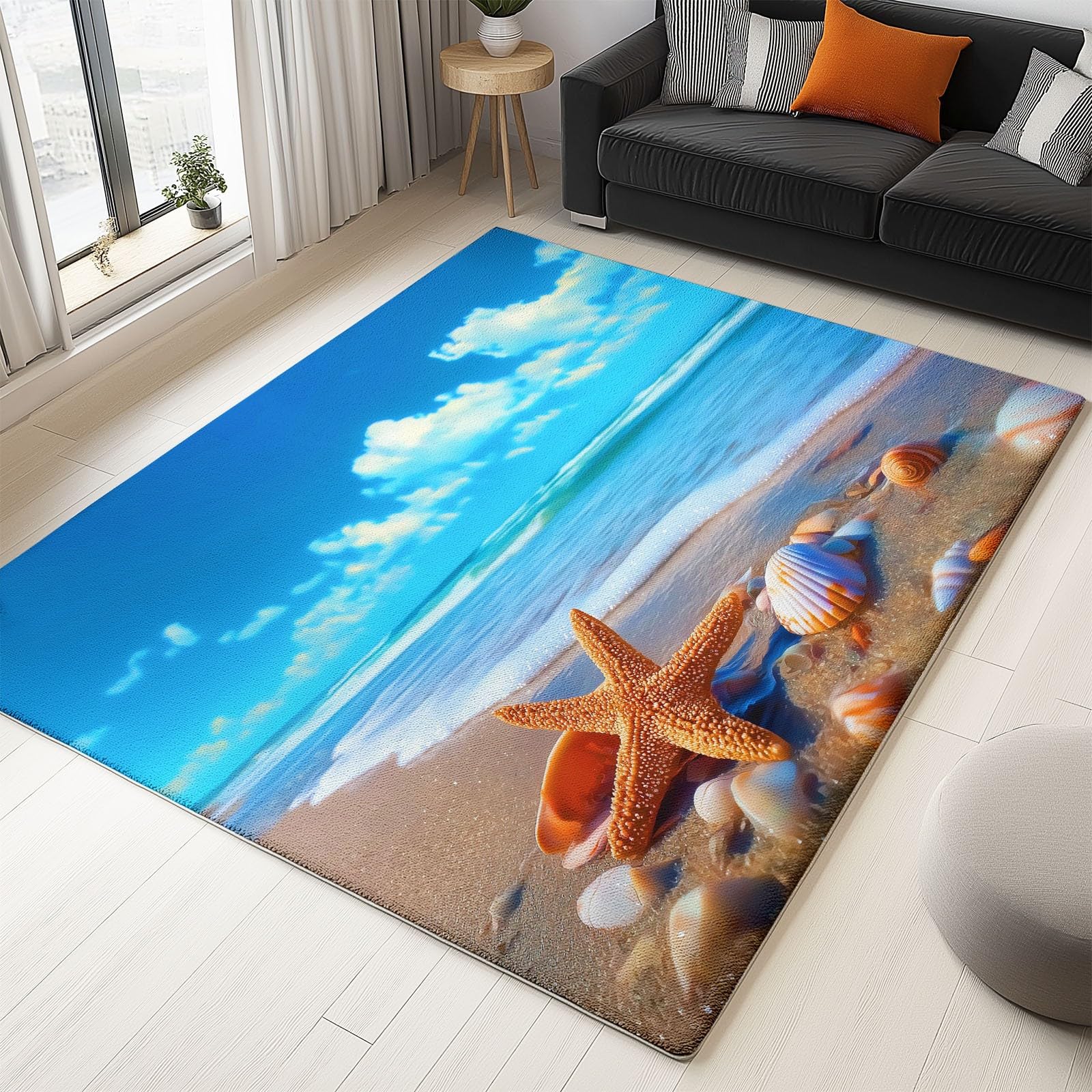 Tapis de salon lavable en machine et antidérapant motif plage 160x230