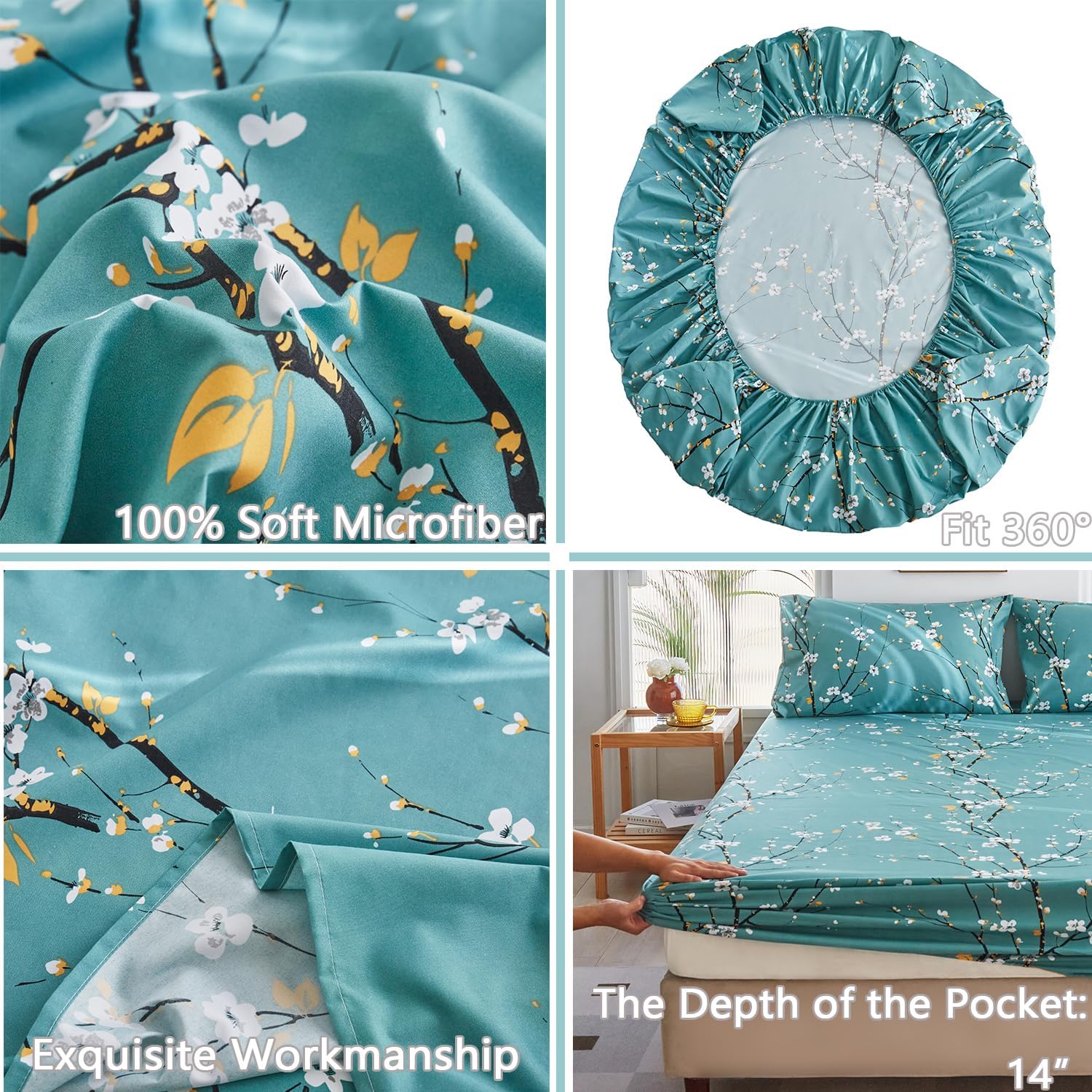 ZRNBAST Teal Sheet Set 4 Pcs Full Sheet Set Floral Print Flat Sheet Fitted Sheet Farmhouse Shabby Bedding Sheets Easy Fit Microfiber Sheets-All Seasons (Teal, Full) - Image 4