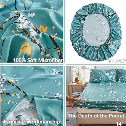 Miniatura 4 de ZRNBAST Juego de sábanas color verde azulado de 4 piezas, tamaño individual, con estampado floral, sábana encimera, sábana bajera estilo granja,