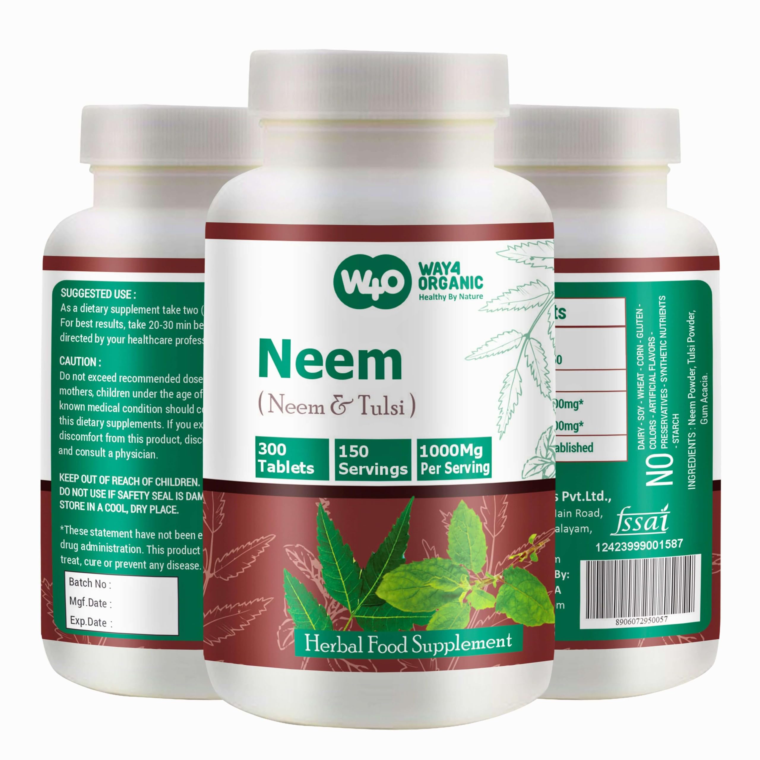 WAY 4 ORGANIC W4O Suplemento fitoterápico de Neem e Tulsi em comprimidos, 500 mg por comprimido, 300 comprimidos