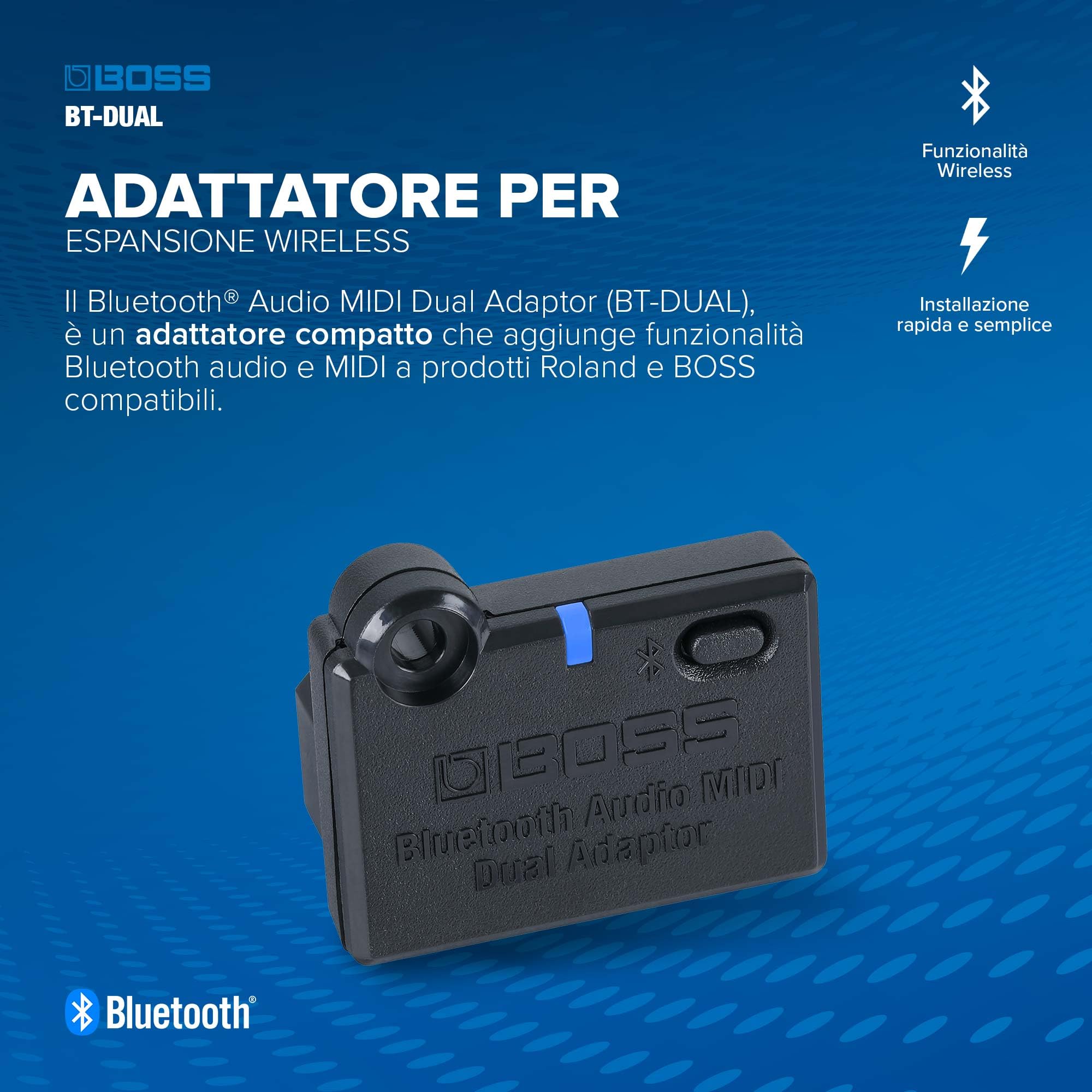 BOSS BT-DUAL | Doppio Adattatore Bluetooth Audio MIDI | Aggiunge Funzionalità Bluetooth Audio e MIDI ai Katana Gen 3, ME-90 e ad altri prodotti BOSS e Roland compatibili