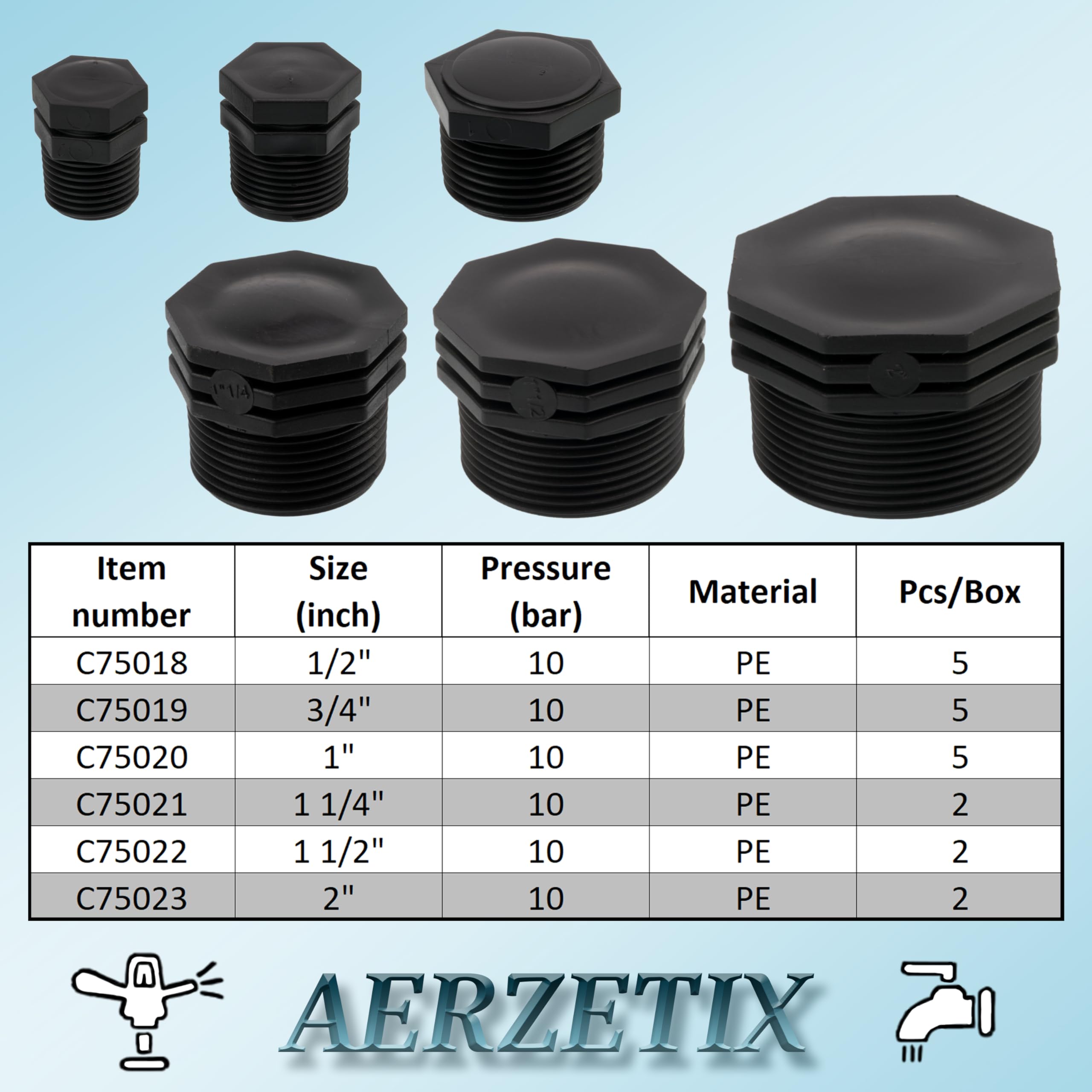 AERZETIX Lot de 5 Bouchons Mâles 3/4" Polyéthylène pour Tuyau d'Arrosage Irrigation Pression Max 10 Bars Noir