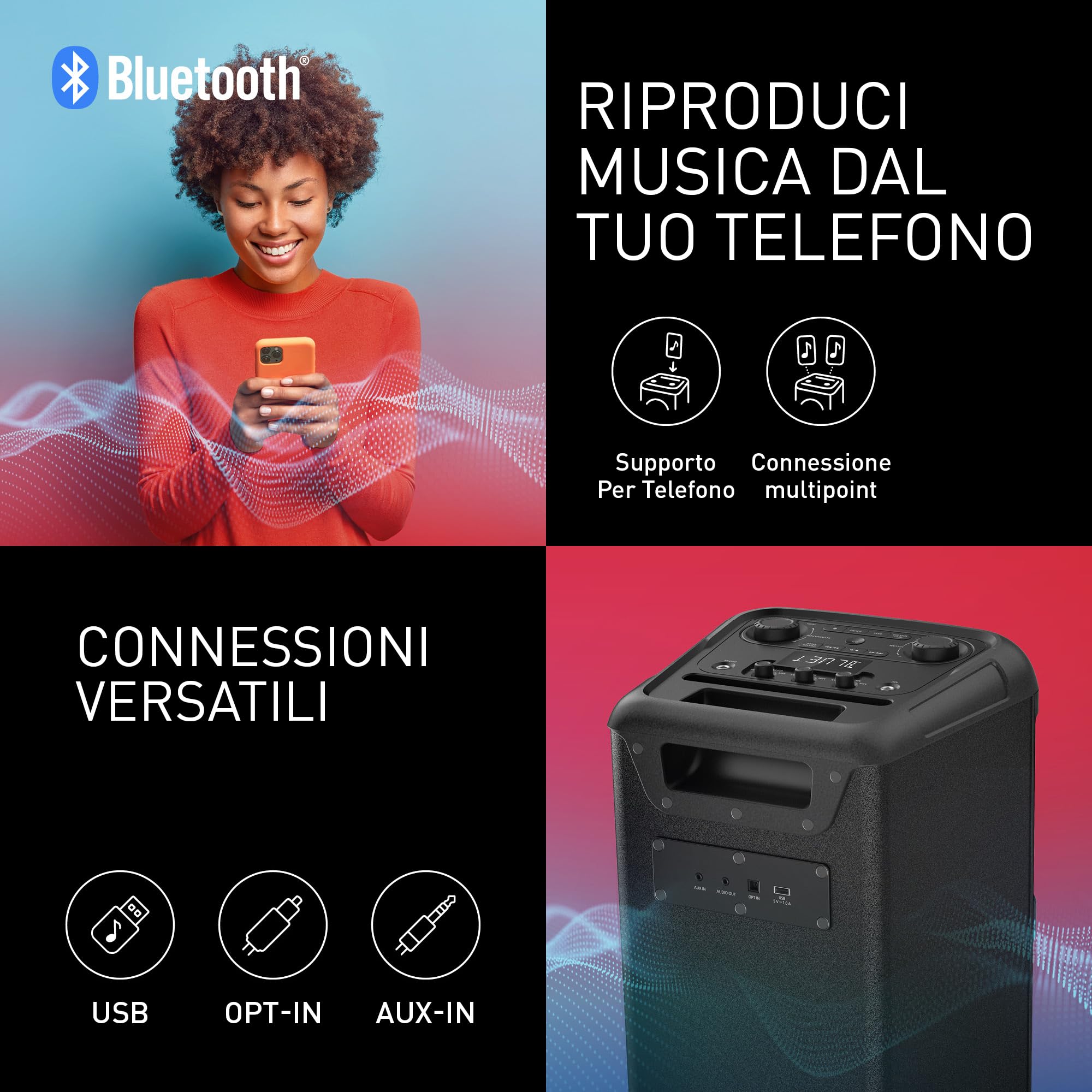 Panasonic SC-TMAX45E-K Altoparlante Sistema Audio ad Alta Potenza con Bluetooth, 1000W, Luci Integrate, USB, Ingresso Ottico per TV, Ingressi Chitarra e Microfono per Karaoke, Nero