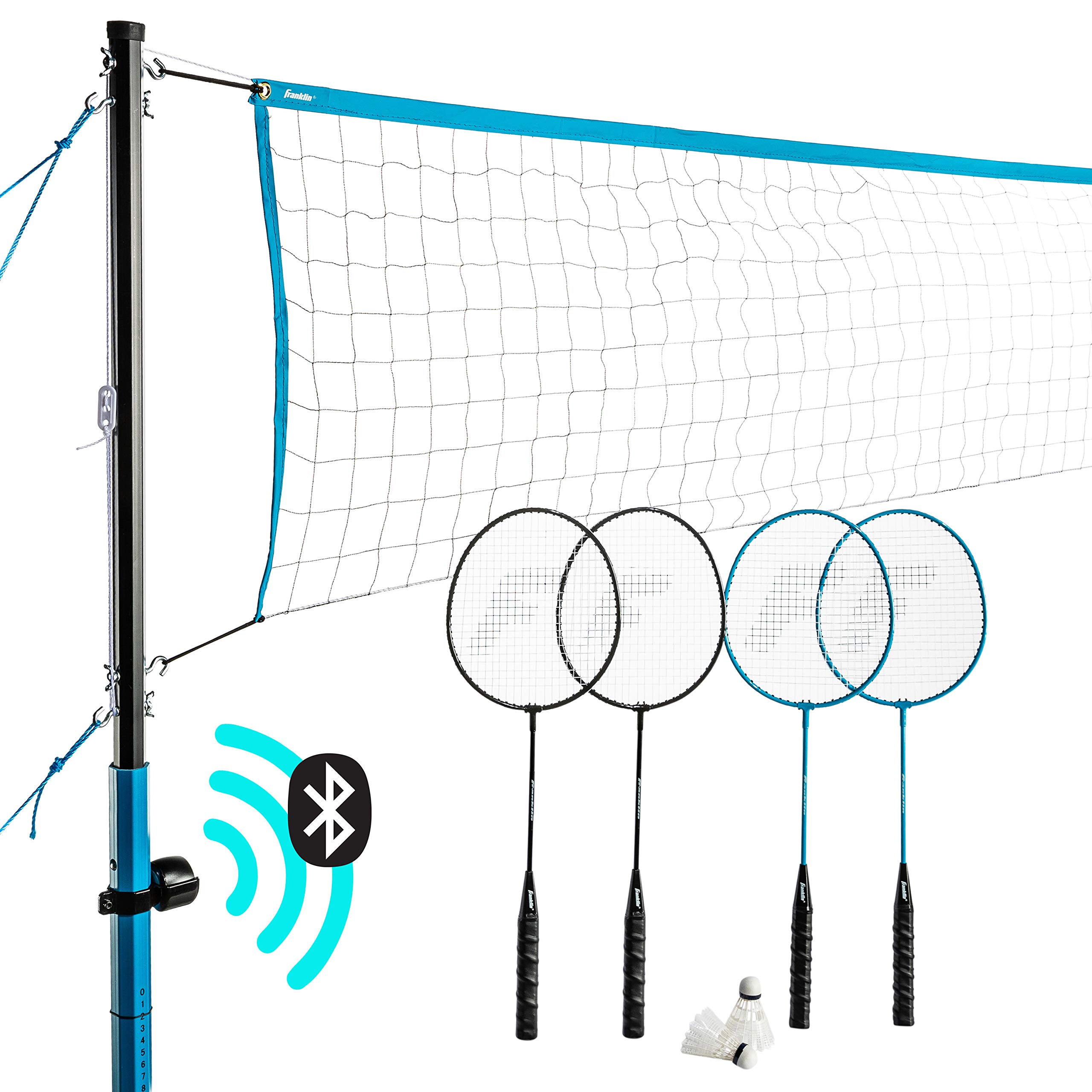 Beach + Backyard Volleyball Set + Badminton Set with Speaker - Bluetooth Net + Pole Set – with Pump, Bluetooth Speakers + Carry Bag Included