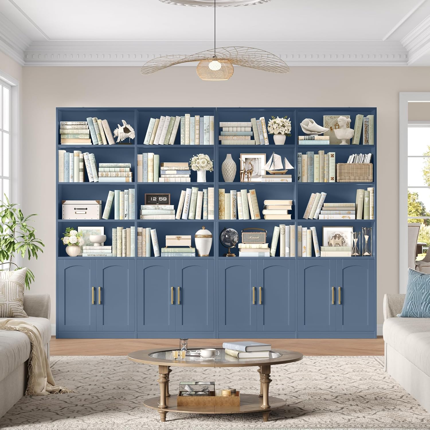 FACBOTALL Bookshelf and Bookcase with Doors, 6 Tier Double Wide Large Bookshelves, Open Display Shelves, 73'' Tall Bookshelf with Storage Cabinets for Home Office, Living Room, Library, Blue