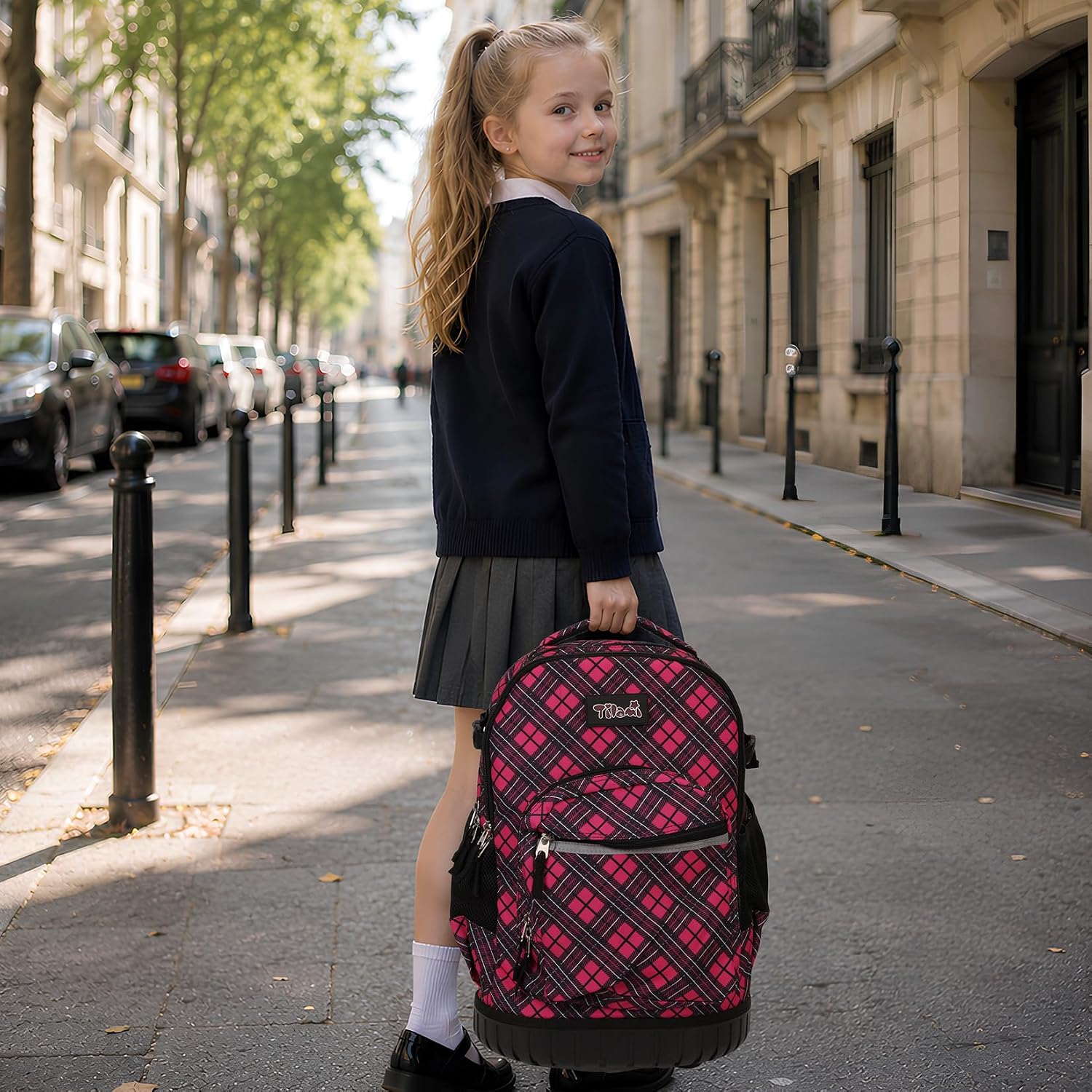 Tilami Rolling Backpack for Kids 18 inch Boys and Girls Laptop Backpack,Red grid image 2