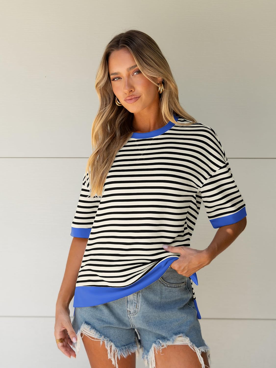 Glamaker Short Sleeve Lightweight Sweatshirt for Women Crewneck Striped Shirt Pullover Tops Loose Blouses - Image 6