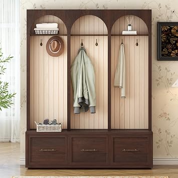 Modern Wooden Hall Tree with Arched Design,59" Wide Entryway Bench with 8 Hooks,Coat Rack & Shoe Organizer with 4 Drawers,for Mudroom Living Room Dark Walnut/T