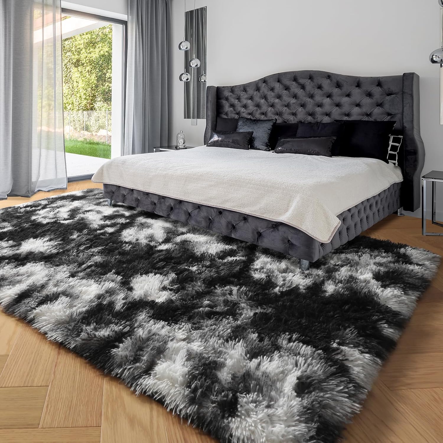 Black White Grey Bedroom Rugs 4x6 Ft,Soft Fuzzy Plush Indoor Floor Area Rug thumbnail