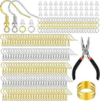 Flhlxzm 602 Pcs Earring Making Kit, Hypoallergenic Gold & Silver Hooks Jump Rings Silicone Backs & Tools DIY Jewellery Making Supplies for Handmade Crafts