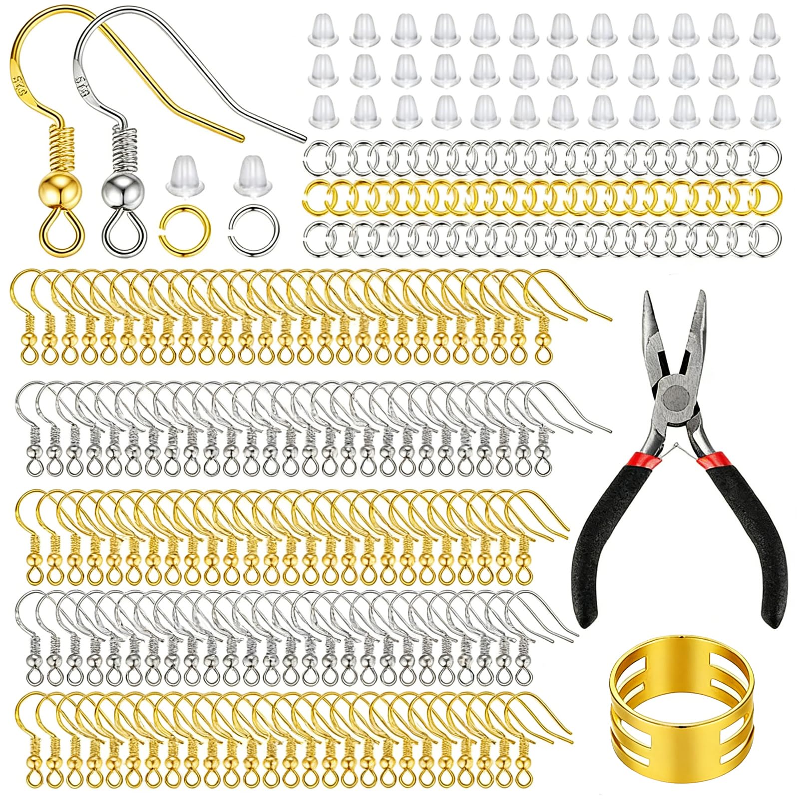 Flhlxzm 602 Pcs Earring Making Kit, Hypoallergenic Gold & Silver Hooks Jump Rings Silicone Backs & Tools DIY Jewellery Making Supplies for Handmade Crafts