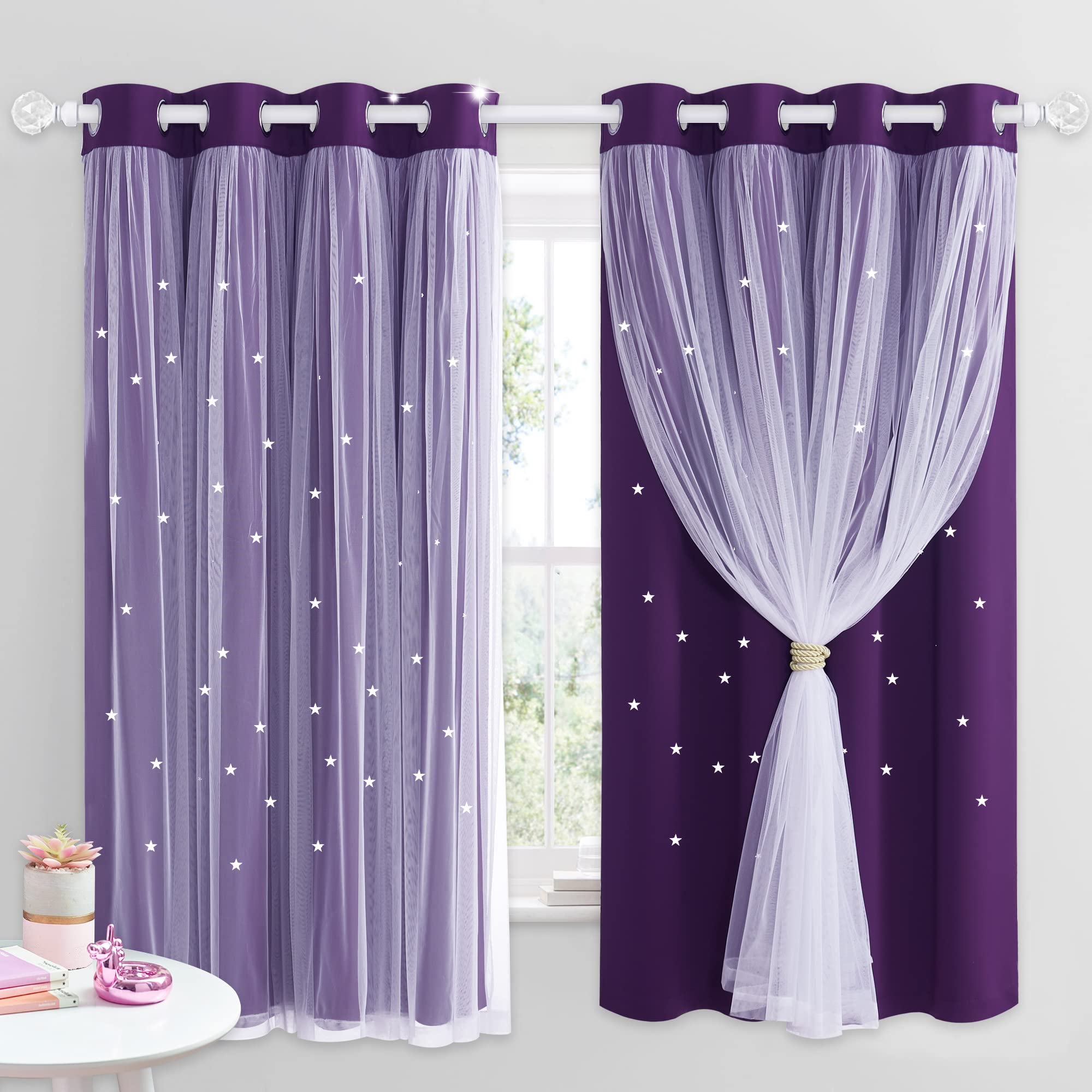NICETOWN Blackout Curtains for Bedroom - Star Cut Out Nursery Purple Thermal Eyelet Window Treatment Curtains with Voile for Boys Girls Kids Room Decoration, 2 Panels, W52×L63 Inch (132x160 cm)