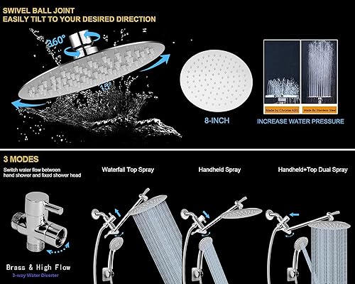 Miniatura 5 de NearMoon Brazo de ducha de latón macizo G12 pulgadas Válvula desviadora universal de 3 vías totalmente metálica para cabezal de mano y fijo,