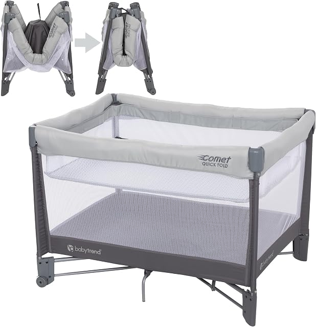 Baby Trend One Hand Quick-Fold Playard with Hanging Bassinet, Desert Grey