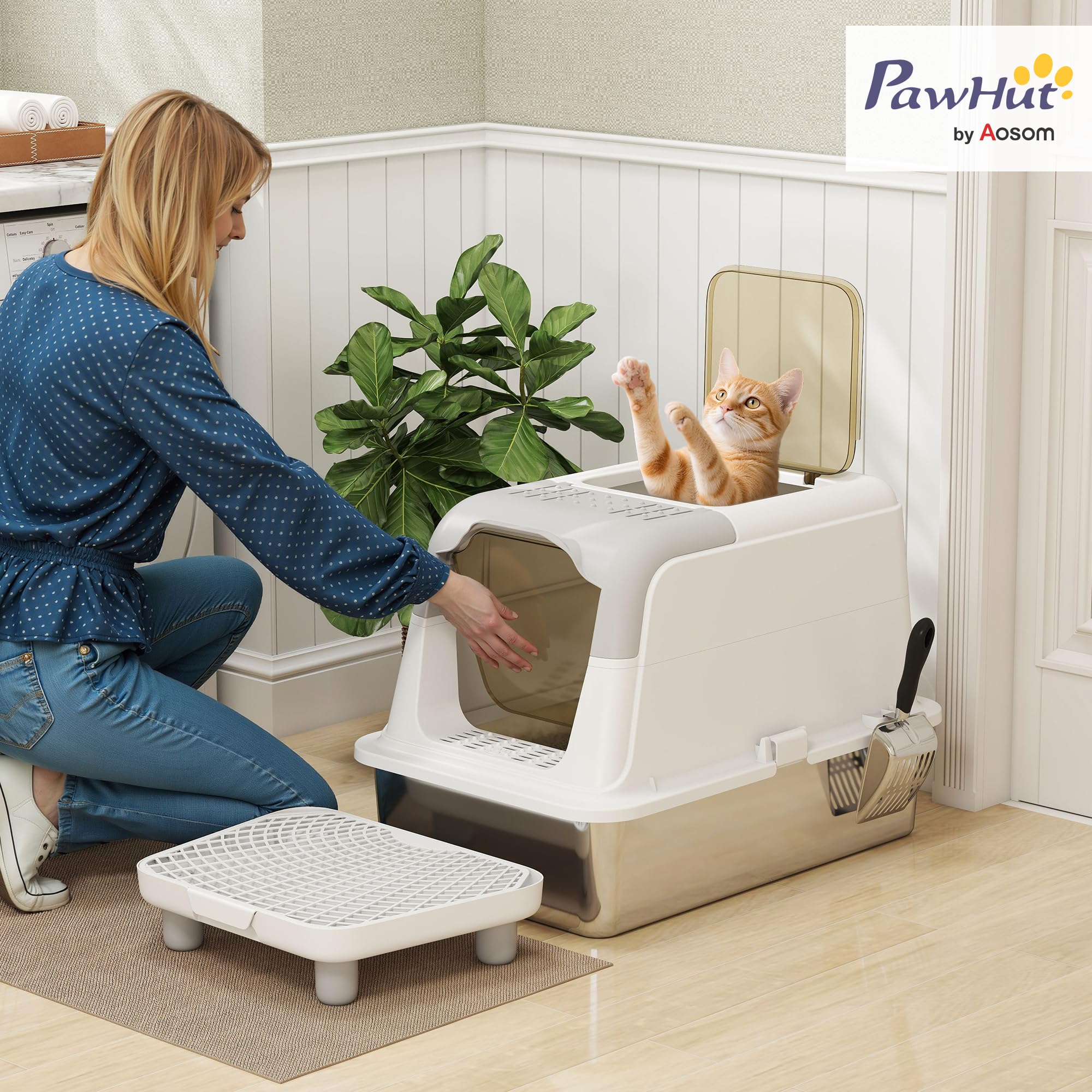 PawHut Stainless Steel Litter Box, Extra Large Enclosed Cat Litter Box with Front-Entry and Top-Exit, Scoop, Deodorizer Bag, Sand Drop Pedal, Anti-Urine Leakage, Non-Sticky and Easy to Clean - image 2
