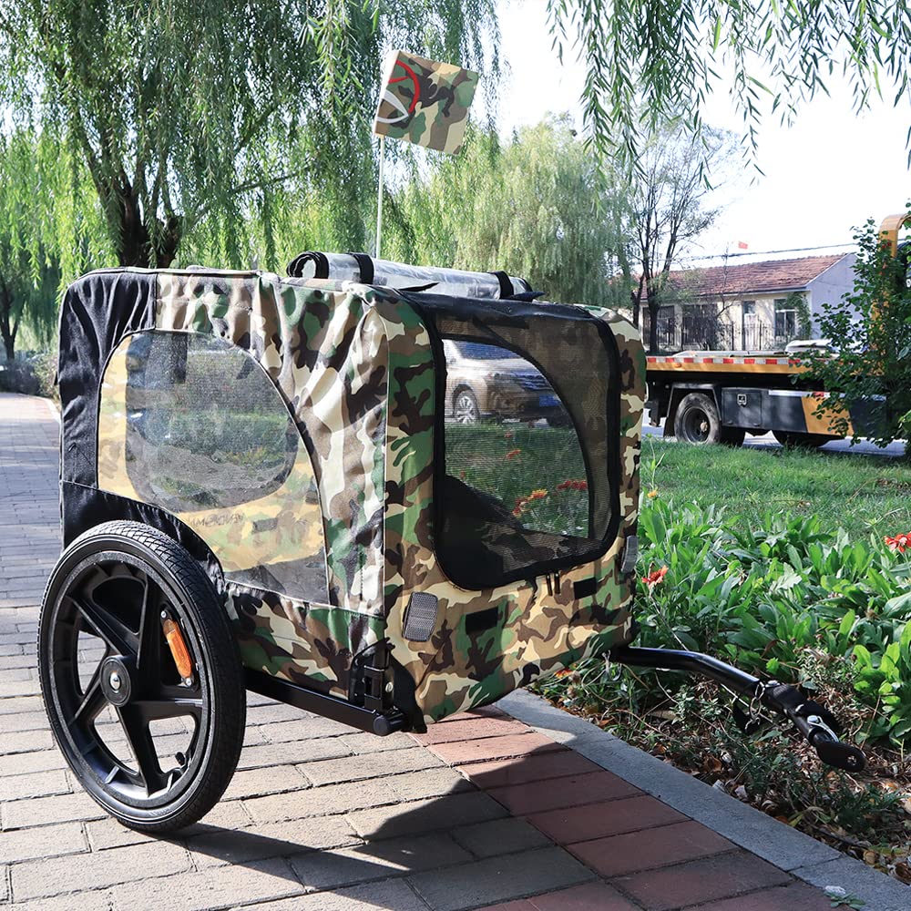 Bicycle Trailer for Pets, Bike Pet Trailer for 88lbs Small & Large Dogs, Folding Frame Carrier, Quick Release Wheels, Adjustable Universal Bicycle Coupler, 16 Inches Rims Air Filled Tires - Camouflage