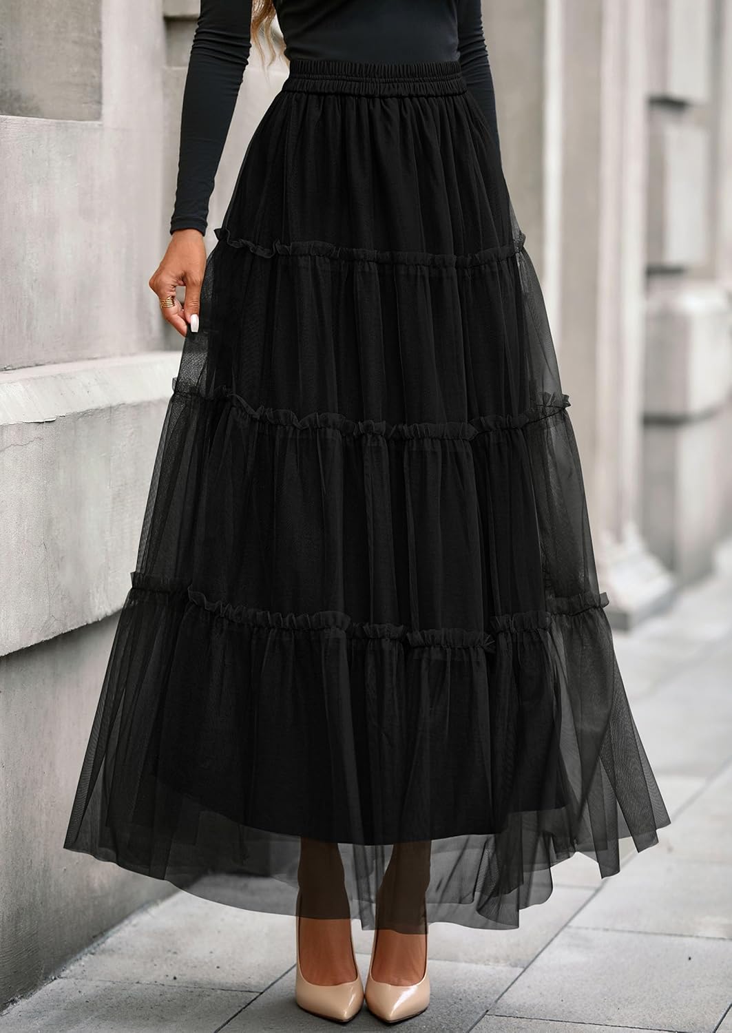 PRETTYGARDEN Tulle Skirts for Women 2026 Spring Fashion Elastic High Waisted Tiered Flowy Fairy A-Line Casual Maxi Long Skirt - Image 2