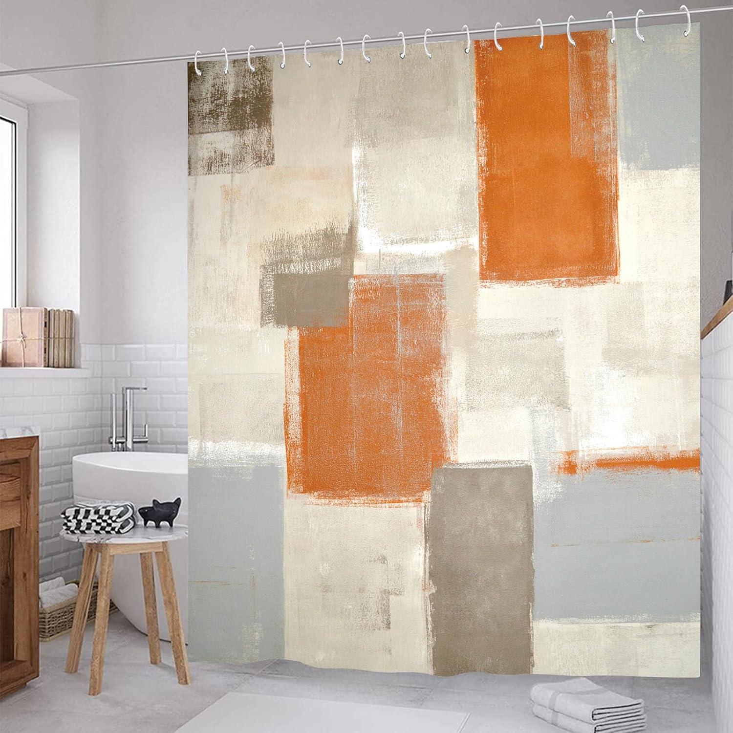 Orange and Grey Shower Curtain Abstract Painting Modern Shower Curtains for Bathroom Waterproof Polyester Fabric Bathroom Curtain 72 x 72 Inch with 12 Plastic Hooks