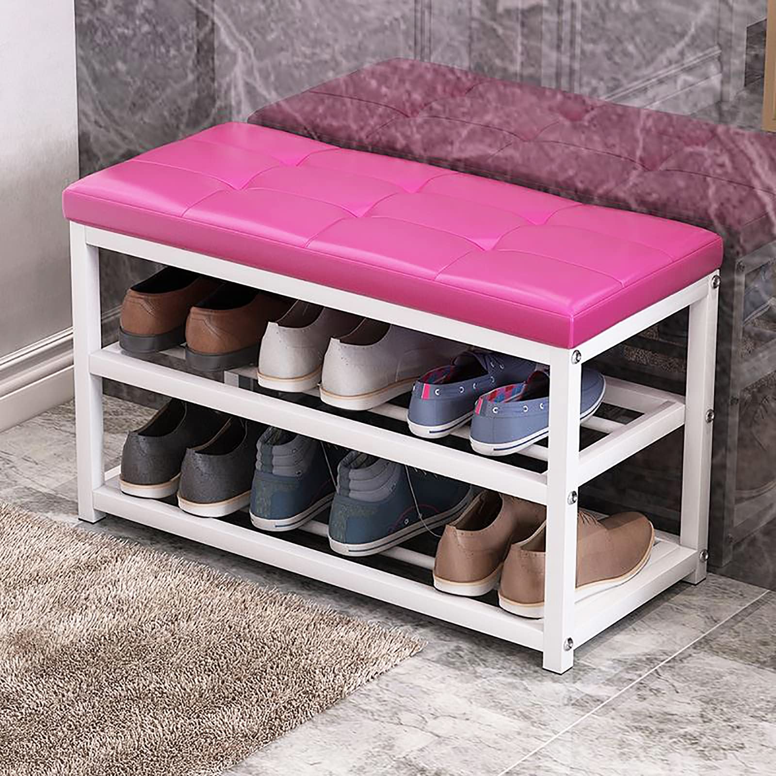 GDMDPTE Shoe Rack Bench with Cushion Seat - Entryway Storage nizer, Metal Shelf & G-Leather Upholstery, Hallway Changing Stool, 70x45x30cm (28x18x12inch)