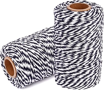 Cotton Twine String Bakers Rope 2 Roll Twines for Crafts Gift Wrapping - 656 Feet Black White Twine for Kitchen Cooking