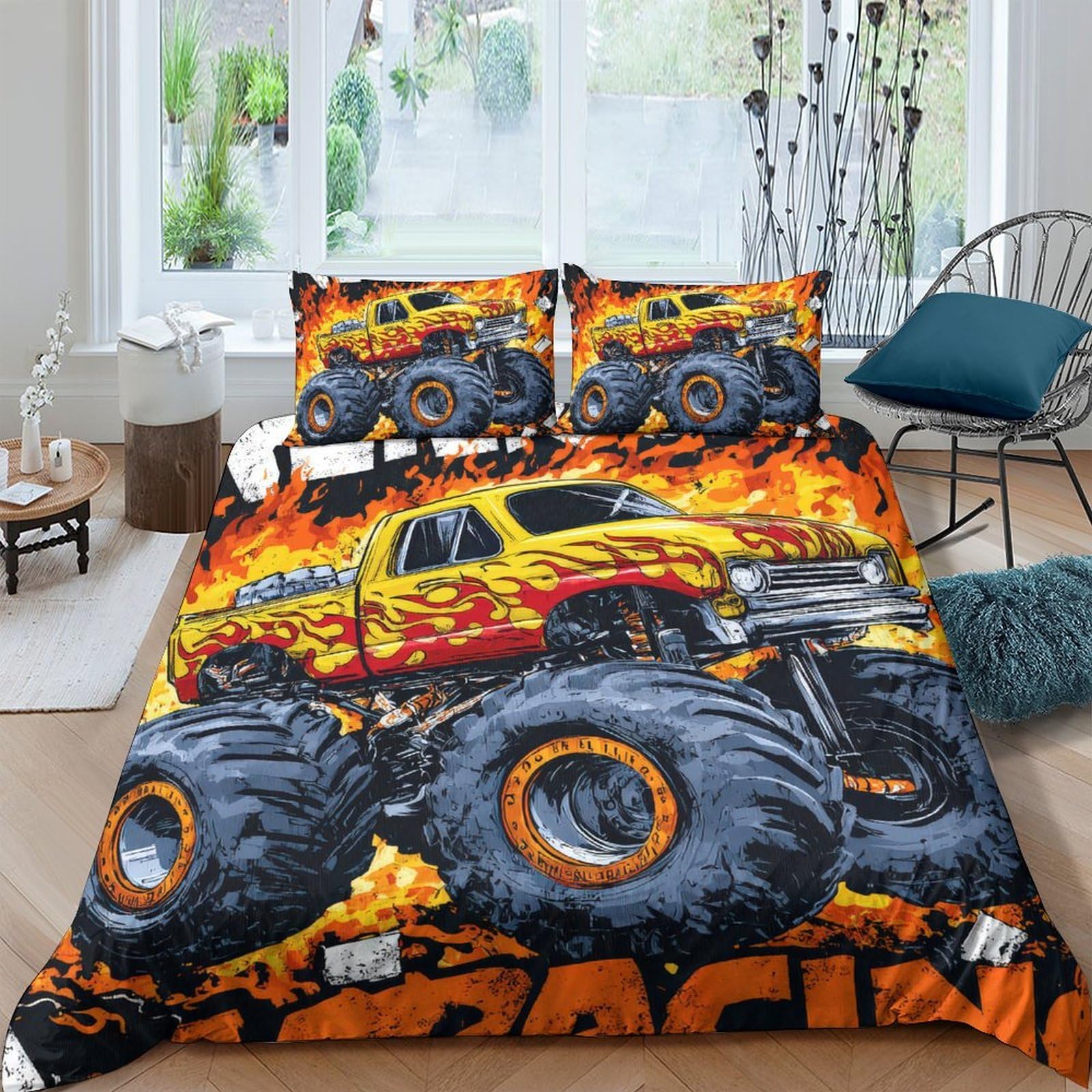 Ctjqhvkz Style-9 3D Printed Monster Truck Fitted Sheet Microfiber Soft Orange Flames Bed Sheet For Bedroom Dorm Mattress Protection Decor Single（135X200cm）